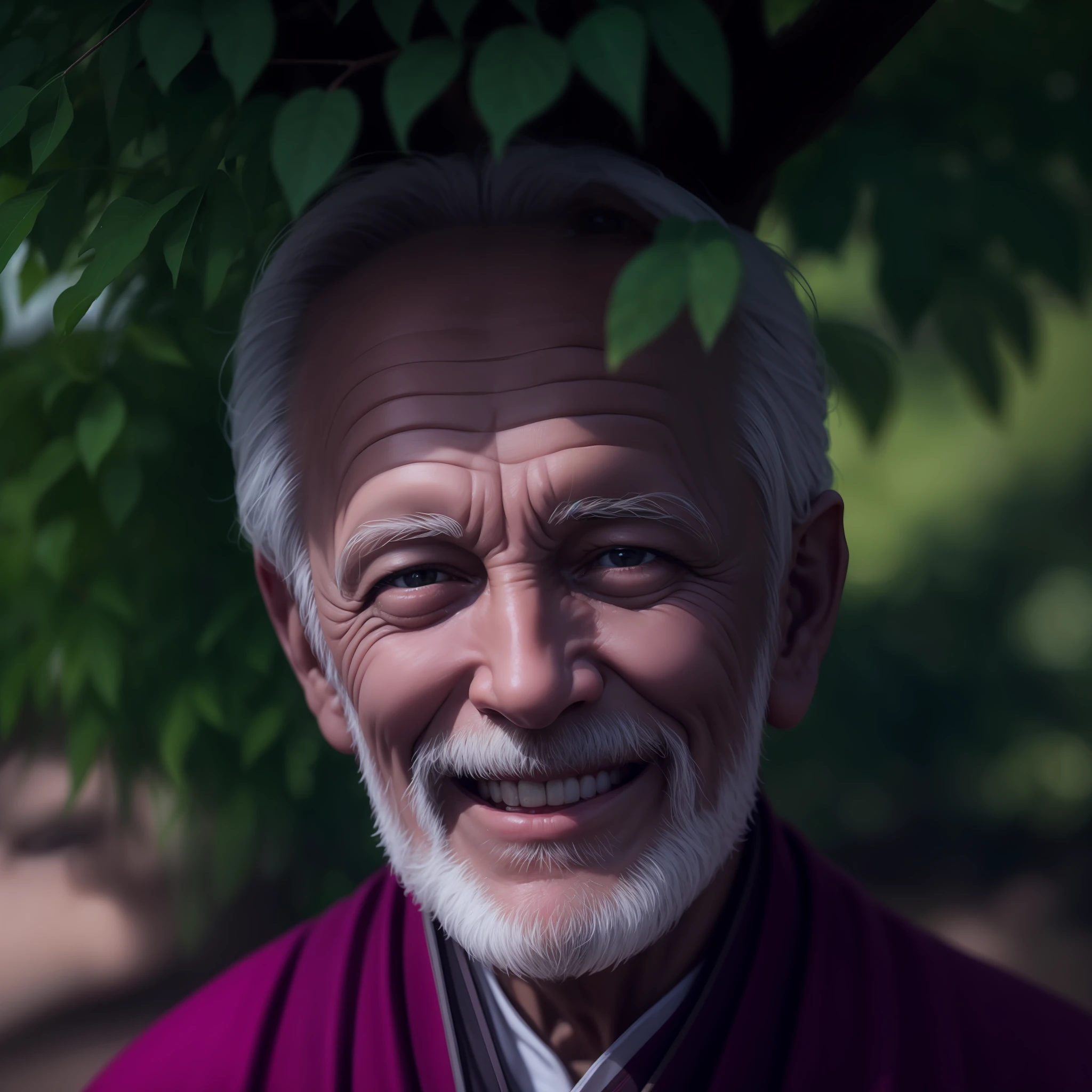 close-up do rosto de um velho em roupa de monge, under a tree, Sorrindo suavemente.