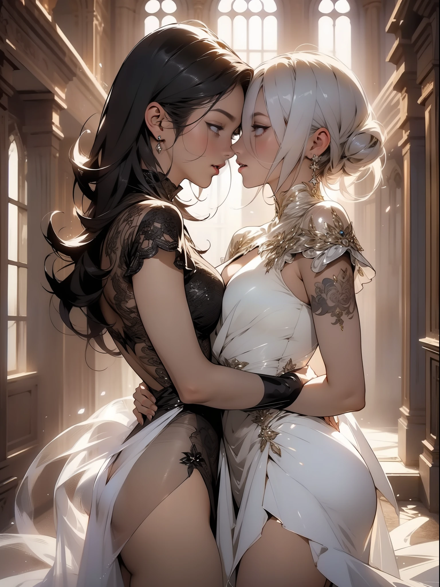 A close-up illustration of two ghostly lesbian girls in a sensual pose and with a micro skirt showing tiny floss, floating in the hall of an abandoned mansion as they kiss, cena sensual, corpos sexy, roupas totalmente brancas e transparente, pele branca e cabelos brancos, quase nua, Tiny floss, seios grandes, decote generoso, bunda grande, tudo transparente, light behind her, ghosty aura, sorriso malicioso, rosto lindo e limpo, corpo perfeito