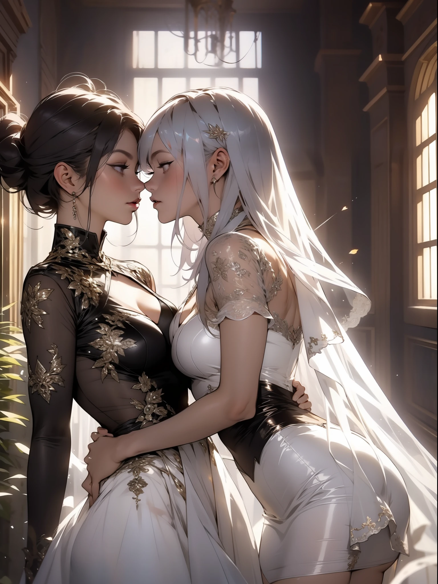 A close-up illustration of two ghostly lesbian girls in a sensual pose and with a micro skirt showing tiny floss, floating in the hall of an abandoned mansion as they kiss, cena sensual, corpos sexy, roupas totalmente brancas e transparente, pele branca e cabelos brancos, quase nua, Tiny floss, seios grandes, decote generoso, bunda grande, tudo transparente, light behind her, ghosty aura, sorriso malicioso, rosto lindo e limpo, corpo perfeito