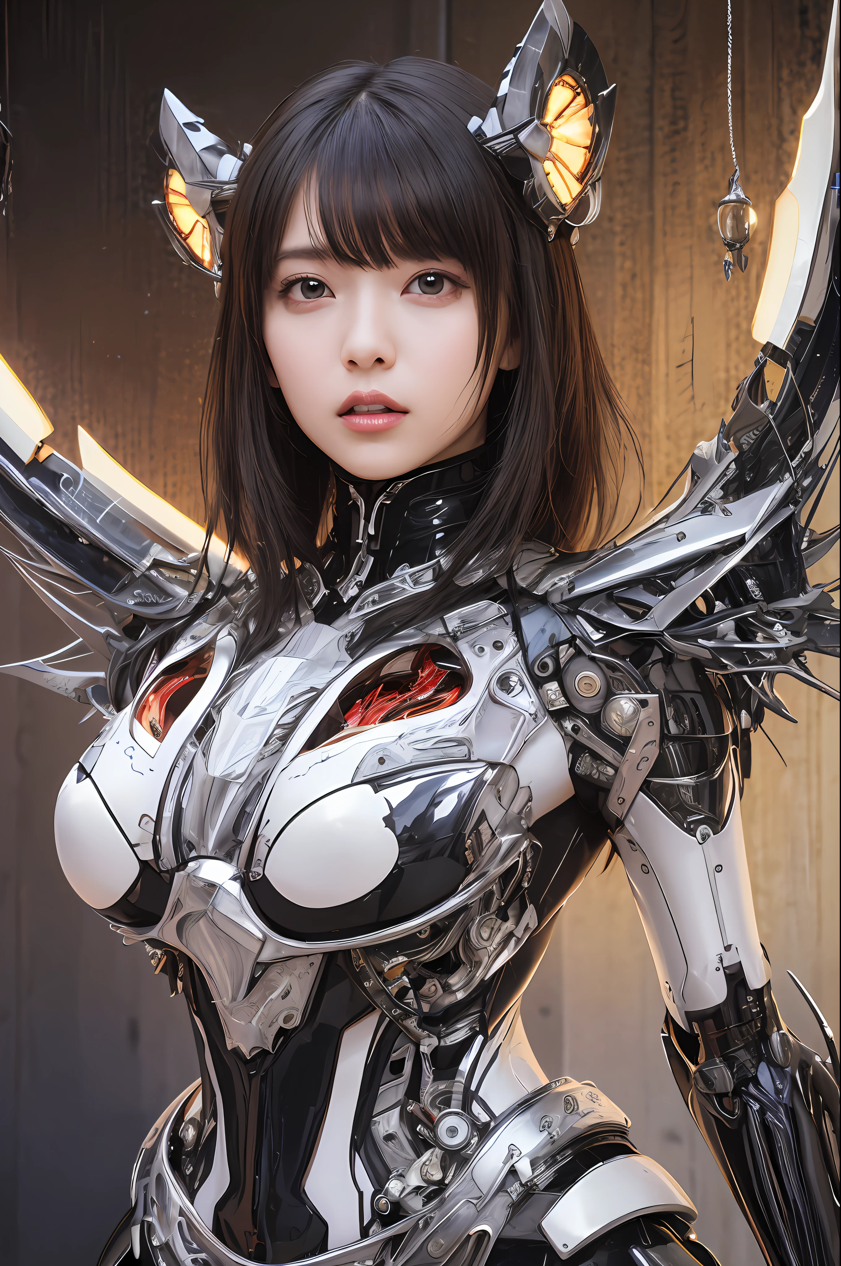 top-quality、masterpiece、超A high resolution、(Photorealsitic:1.4)、Raw photo、Mechanical Angel、large wings made of metal、White Latex Body、1人、Black hair、glowy skin、1 Mechanical Girl、((super realistic details))、portlate、globalillumination、Shadow、octan render、8K、ultrasharp、character edge light,Colossal tits、Raw skin is exposed in cleavage、Details of complex ornaments、Hydraulic cylinder、highly intricate detail、Realistic light、a purple eye、radiant eyes、Facing the camera、neon details、Mechanical limbs、blood vessels connected to tubes、Mechanical vertebrae attached to the back、mechanical cervical attaching to neck、cowboy shot、Futuristic headgear、Sumerian details、Small LED lamp、