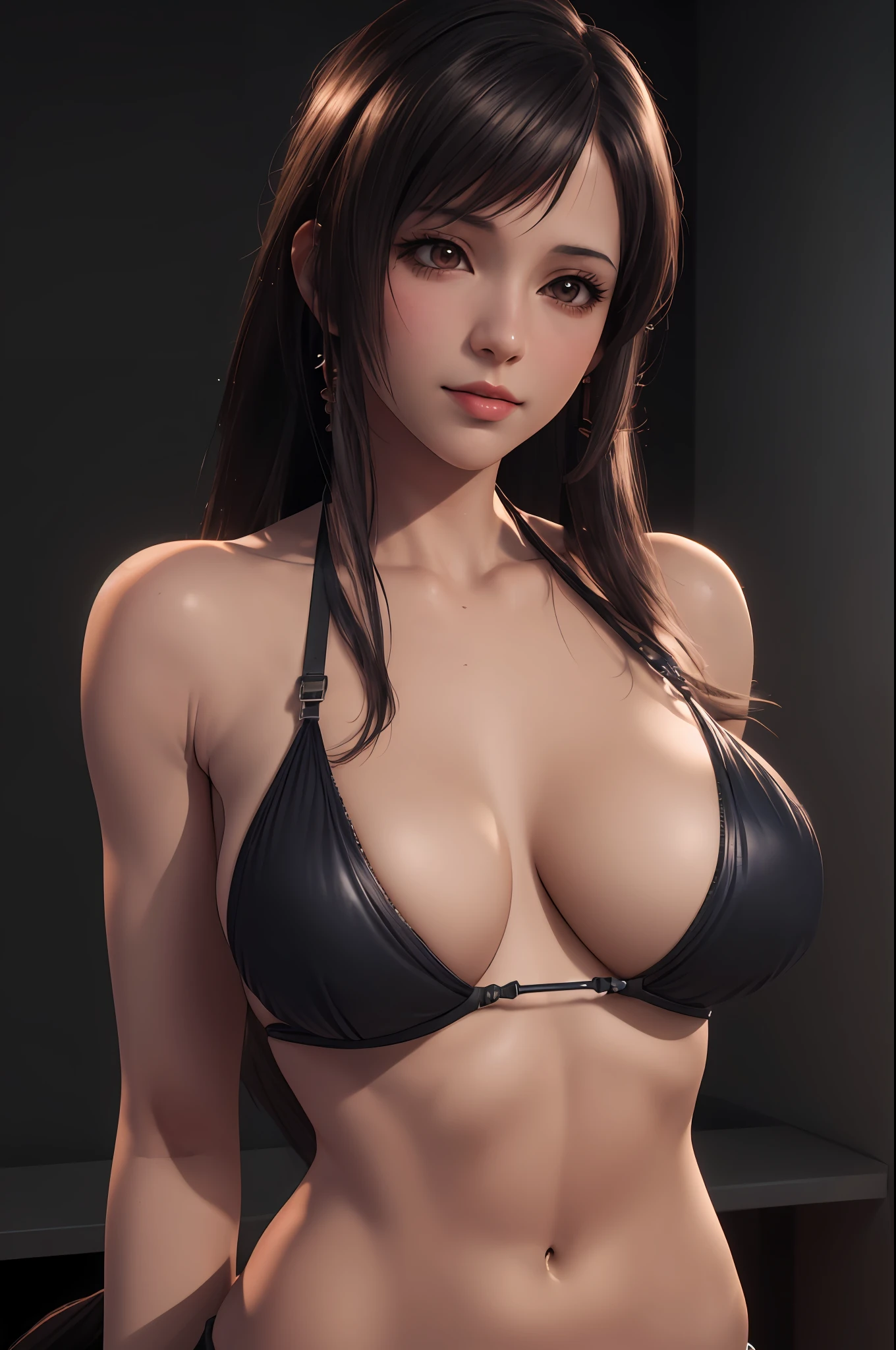 a woman in a bikini posing for a picture in a dark room, seductive anime girl, 3 d anime realistic, seductive tifa lockhart portrait, photorealistic anime girl render, realistic anime 3 d style, smooth anime cg art, tifa lockhart, realistic bikini, realistic shaded perfect body, biomechanical oppai, photorealistic perfect body, tifa, hyper realistic anime