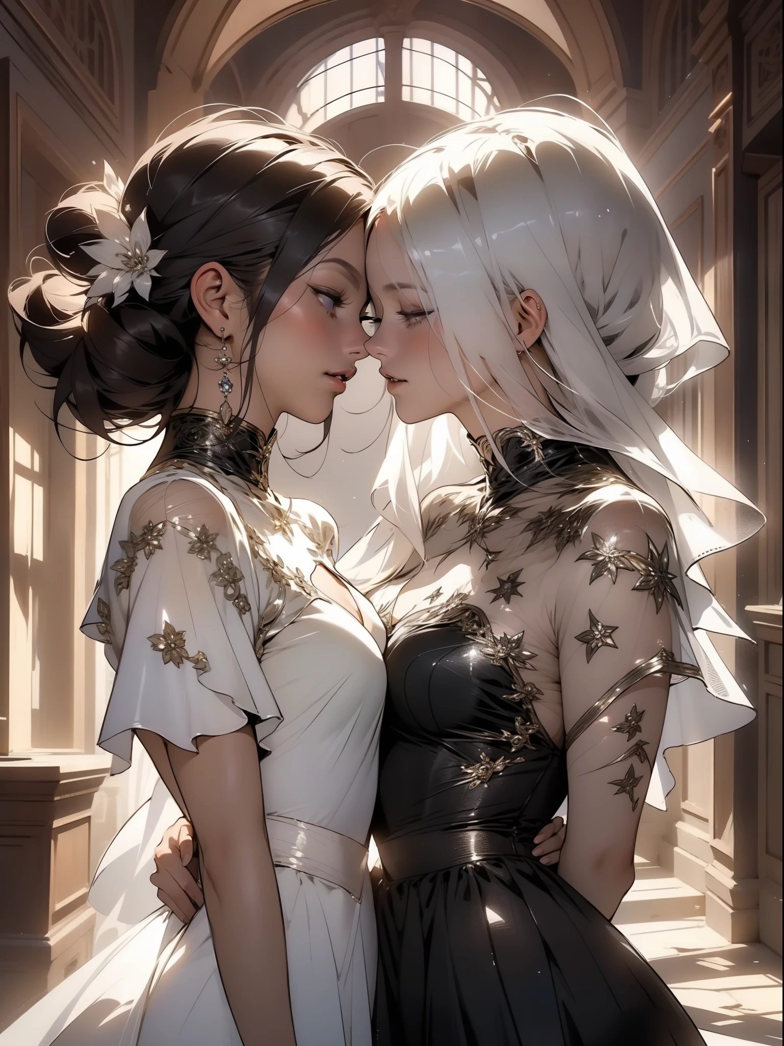 A close-up illustration of two ghostly lesbian girls in a sensual pose and with a micro skirt showing tiny floss, floating in the hall of an abandoned mansion as they kiss, cena sensual, corpos sexy, roupas totalmente brancas e transparente, pele branca e cabelos brancos, quase nua, Tiny floss, seios grandes, decote generoso, bunda grande, tudo transparente, light behind her, ghosty aura, sorriso malicioso, rosto lindo e limpo, corpo perfeito