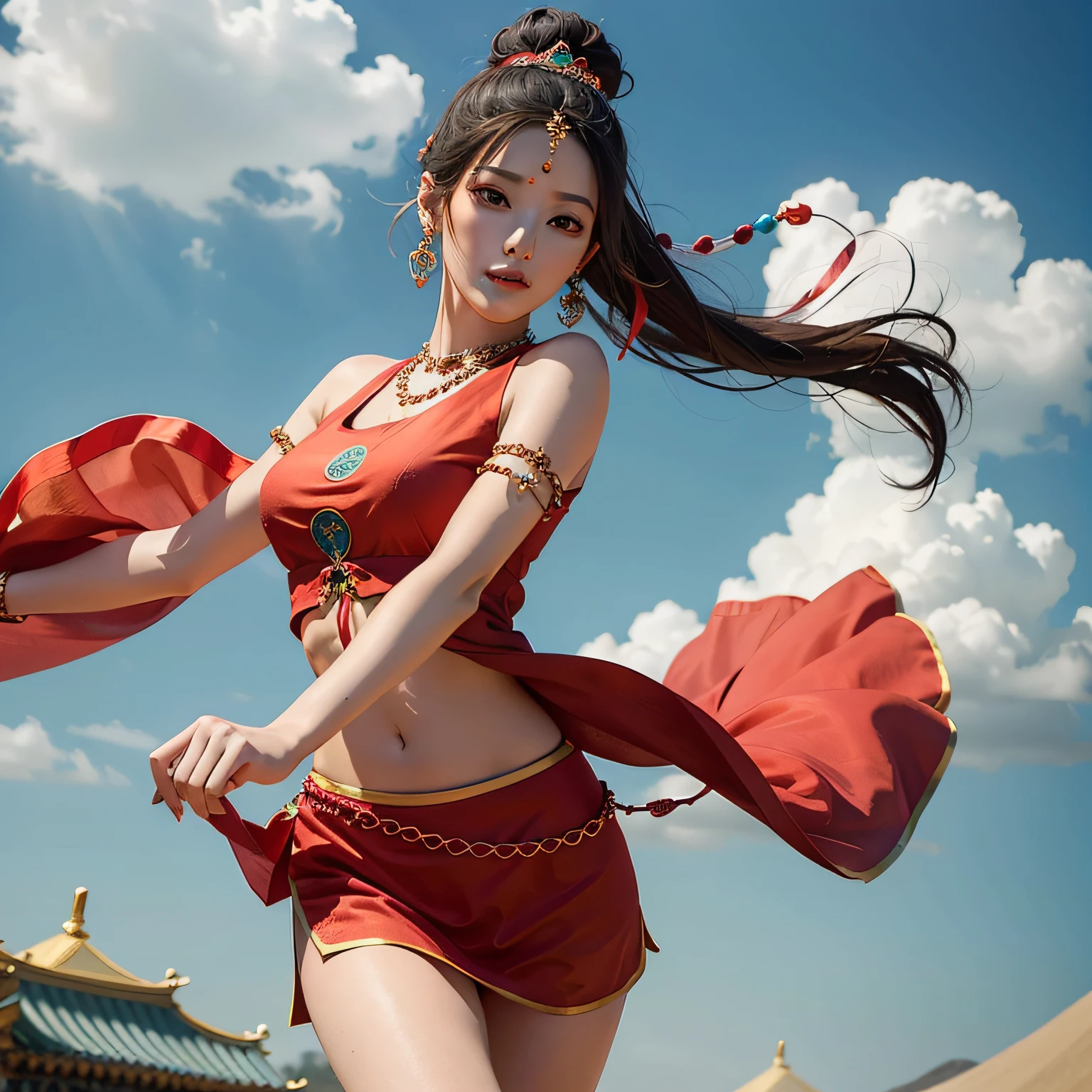 A beautiful woman dressed in Dunhuang costume,Red crop top,With a bead chain on the forehead,Streamers float behind him,Danfeng Eyes,Beautiful face,Stepping on auspicious clouds,dance,Rich in detail,tmasterpiece,Smooth lines,Delicate face --auto