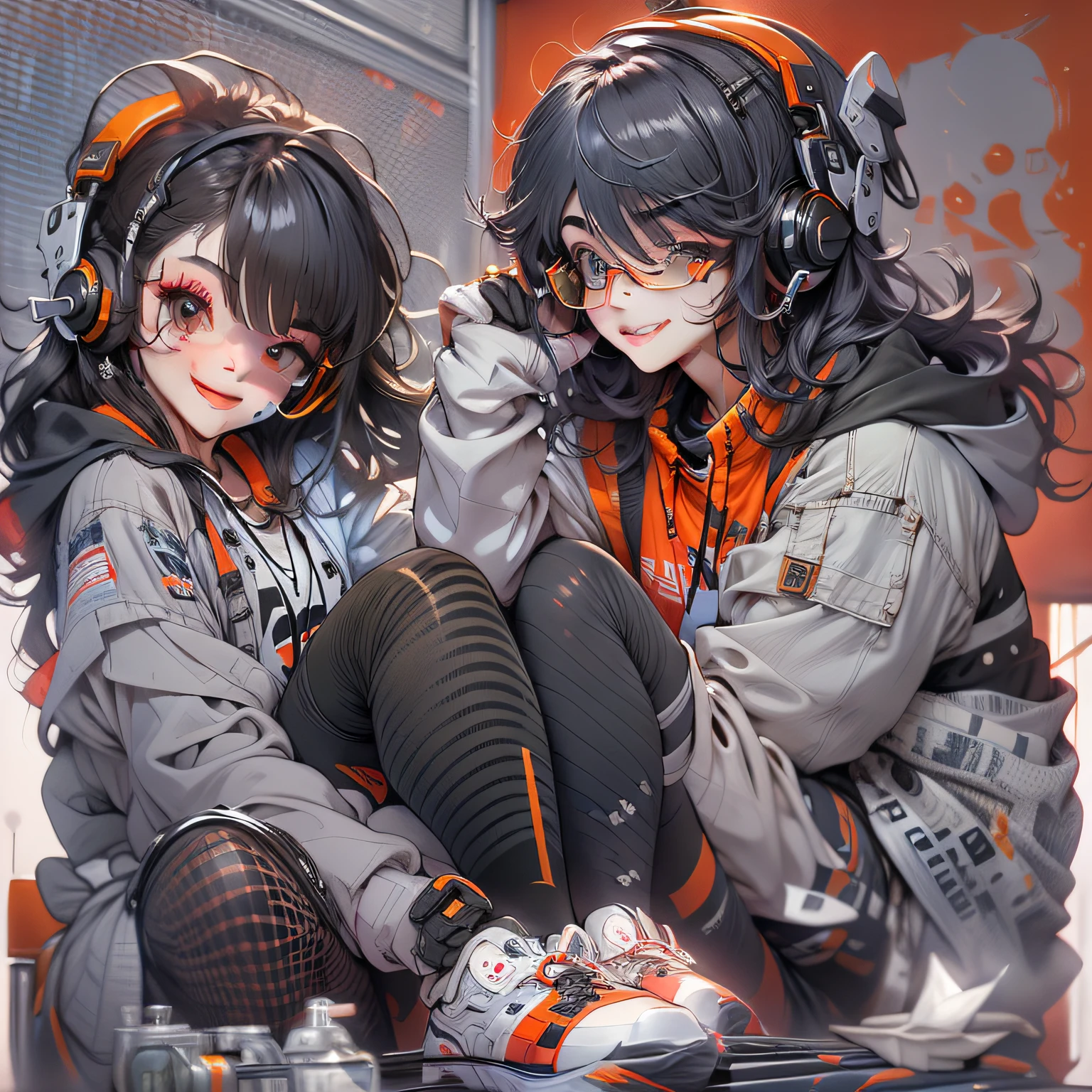 The upper part of the body,Gray-black haired teenager,red eyes,Black sweatshirt,White lining,Black and red headphones,grin,Thumbs up