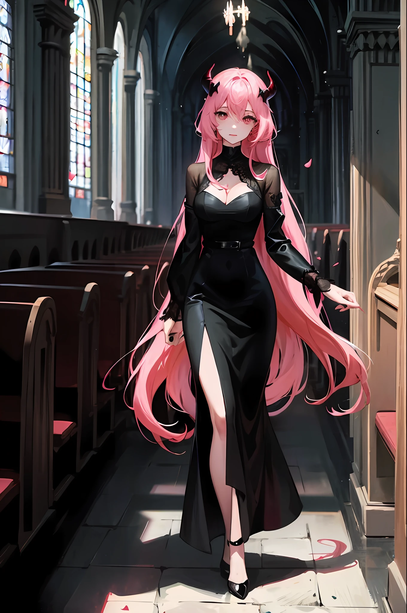 1girl, Female demon with very long pink hair walking through the abandoned cathedral in a black long ball dress, busto e seios enormes, pequenas particulas de luz voam. (super detalhado) (realista) (sexy)