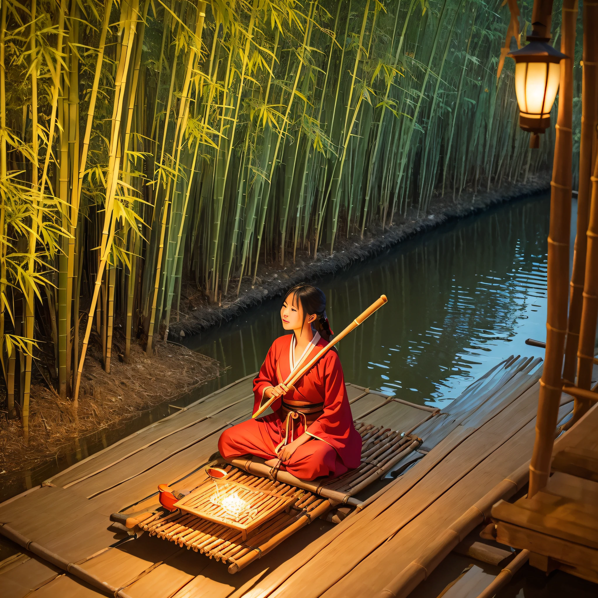 On a bamboo raft, The boatman lit his lantern, The bamboo rafts on the river reflect red, Hanfu woman standing on a bamboo raft playing the flute, Moonlight and lights spill on the surface of the river