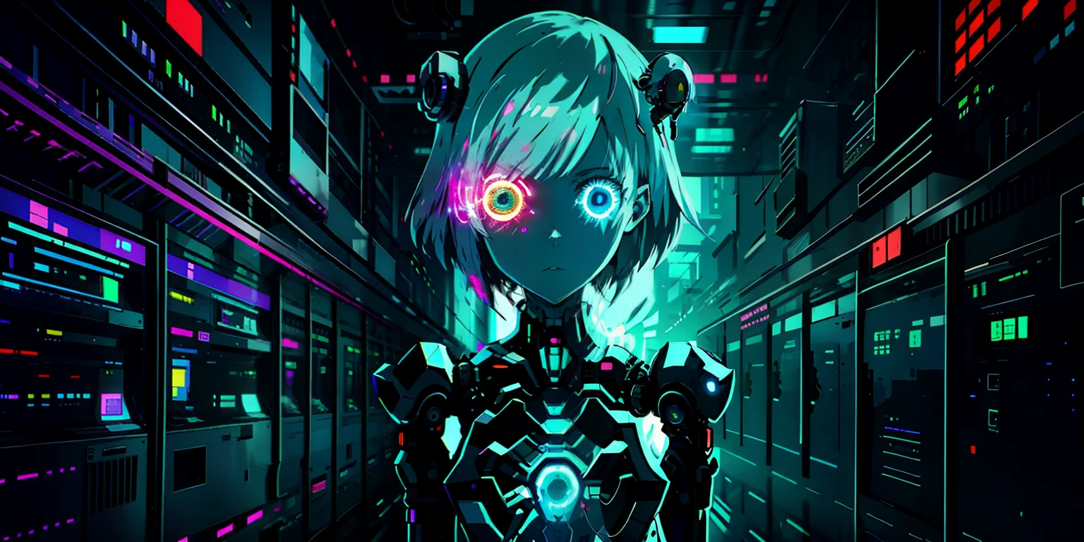 android girl, glitch, server room, led, anime film, server, hologram, ghost in the shell