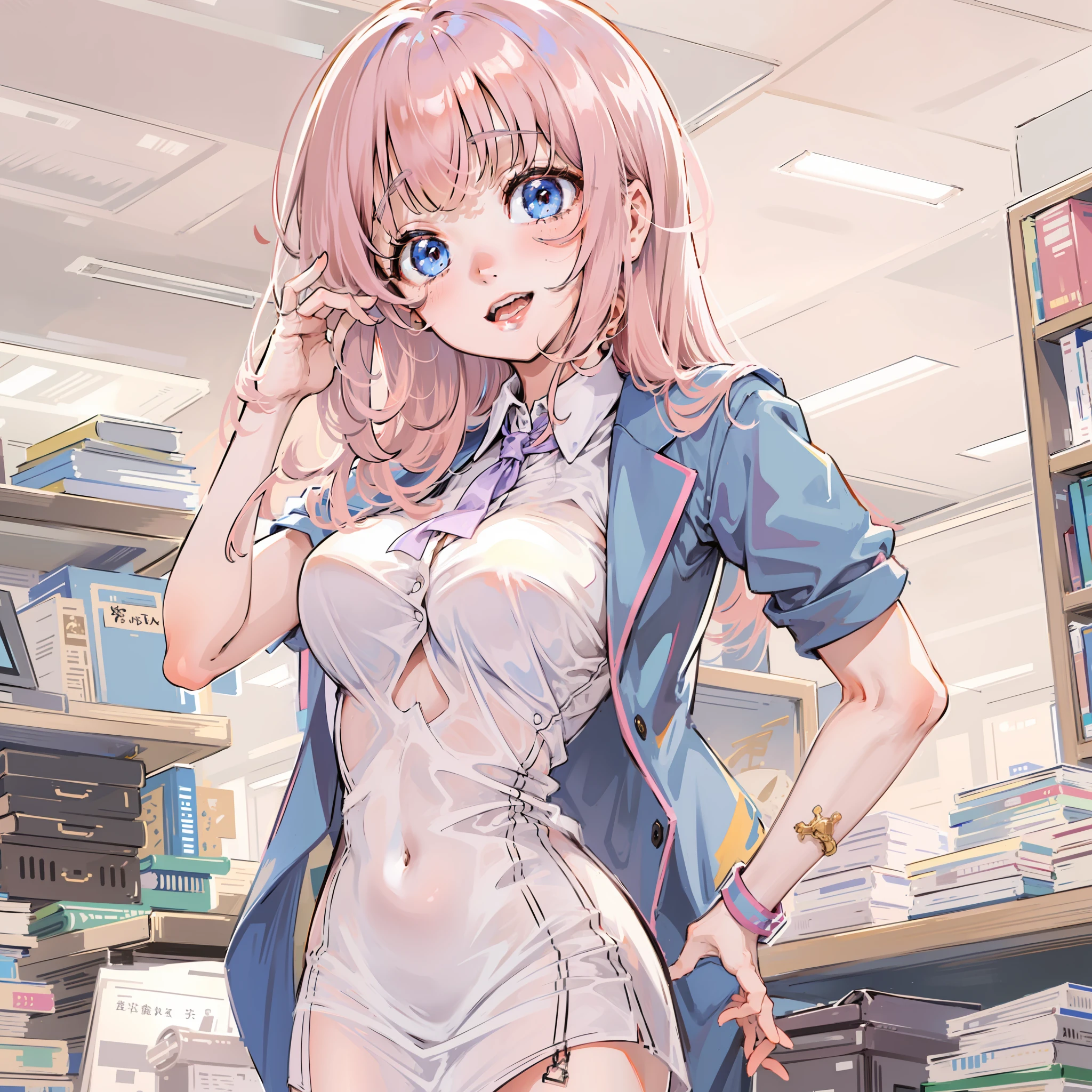 ((masterpiece, best)),(1girl),((mature woman)), light pink hair, dizzy, trumpet, ((office lady)), bangs, mid-chest, (full), slim, smiling, [wide hips] ,office,standing, aru \(blue archive\),