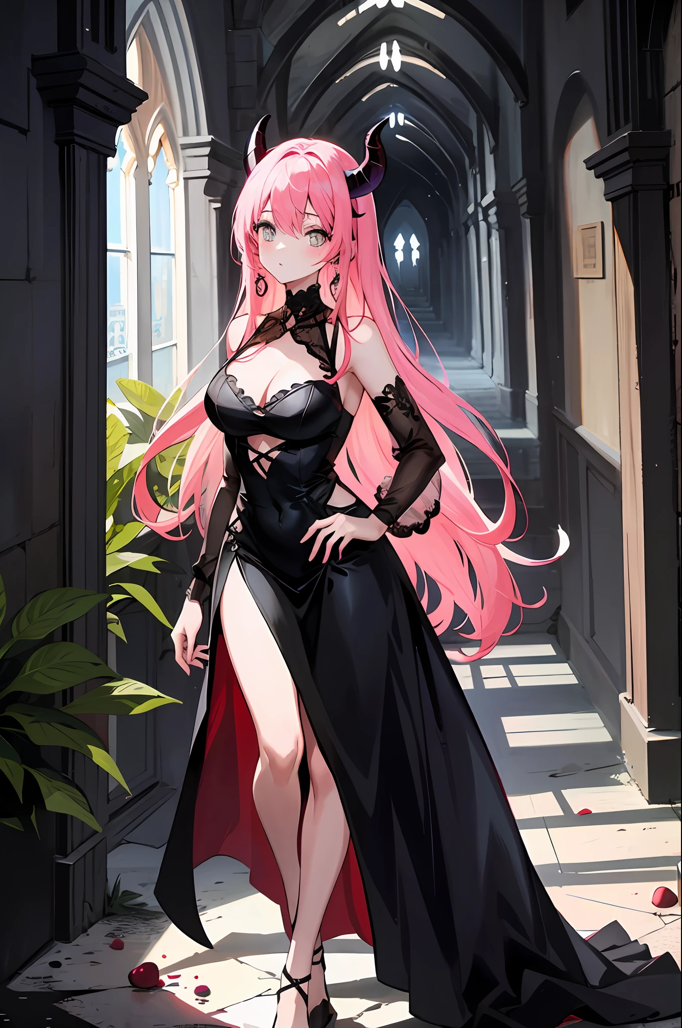 1girl, Female demon with very long pink hair walking through the abandoned cathedral in a black long ball dress, busto e seios enormes, pequenas particulas de luz voam. (super detalhado) (realista) (sexy)