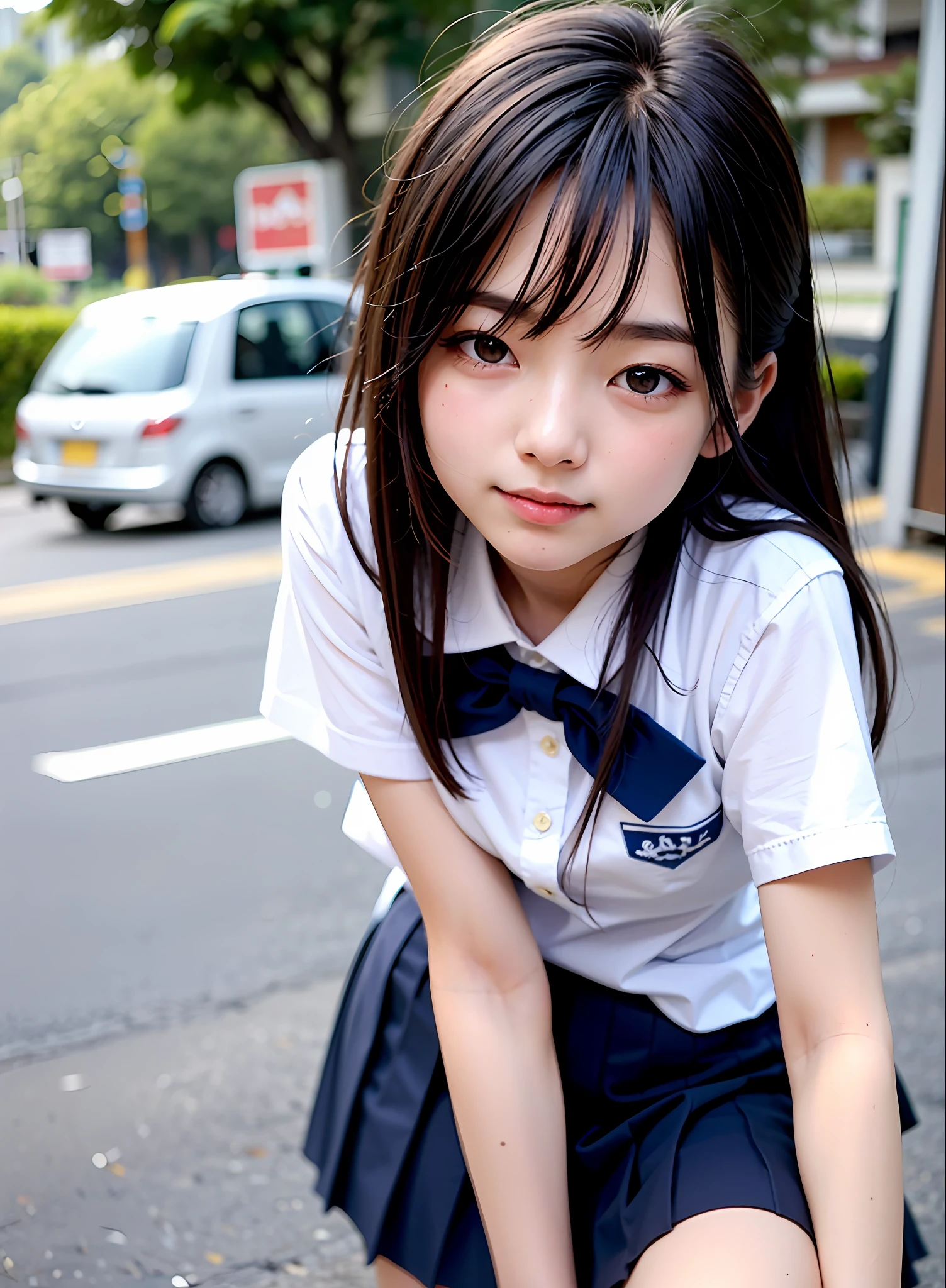 8K、Top image quality、​masterpiece、夏天、(She closed only her right eye:1.5)、Japanese high school  girl、On the way to school、Summer Uniforms、shortsleeves、Knee-length skirt、Enjoy conversations with friends