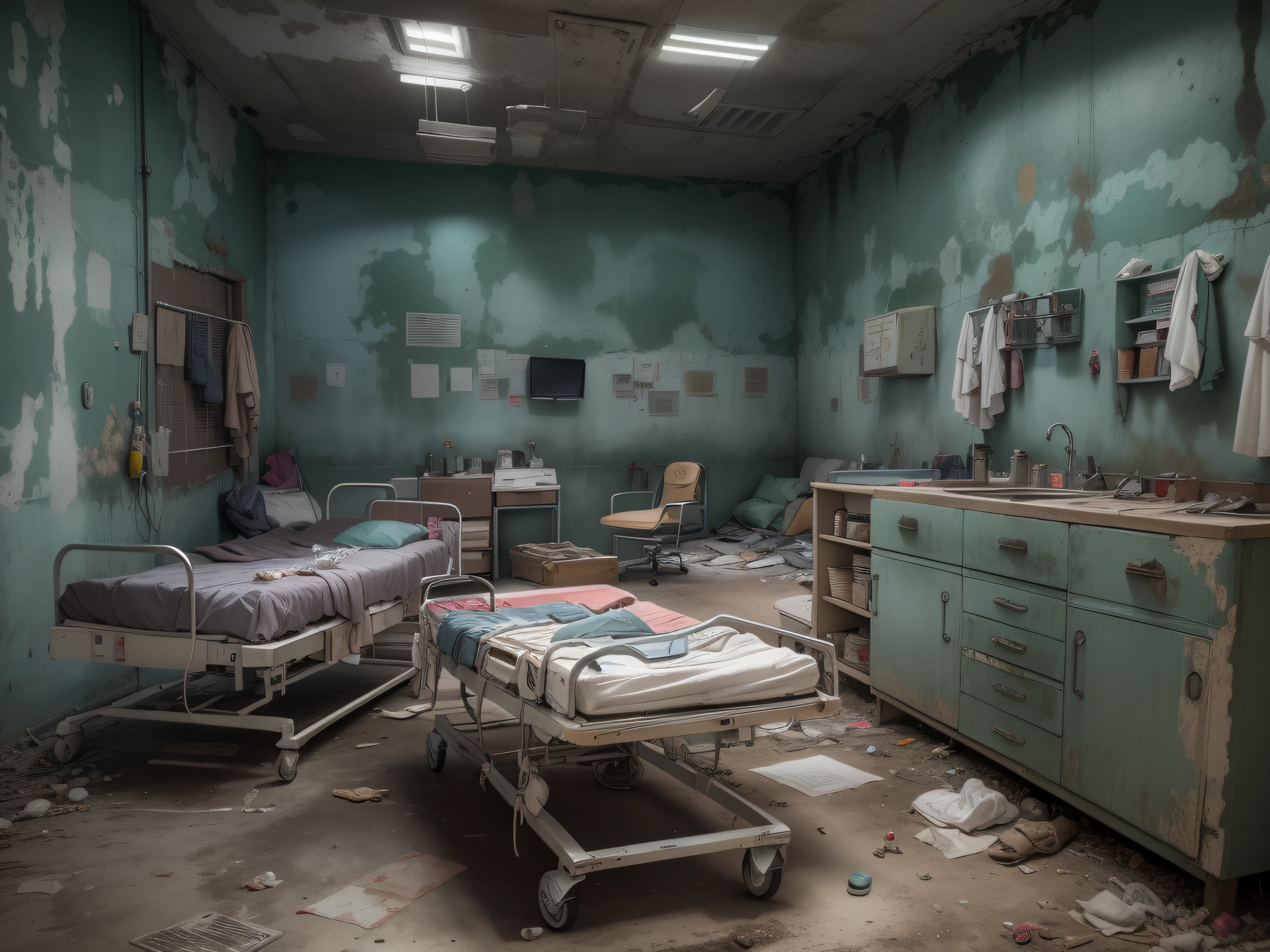 Generate an image of a medical bay inside the abandoned base, with empty cots and outdated medical equipment lining the walls. The scene should be filled with a sense of tragedy and sorrow as visitors imagine the patients who were once treated there.