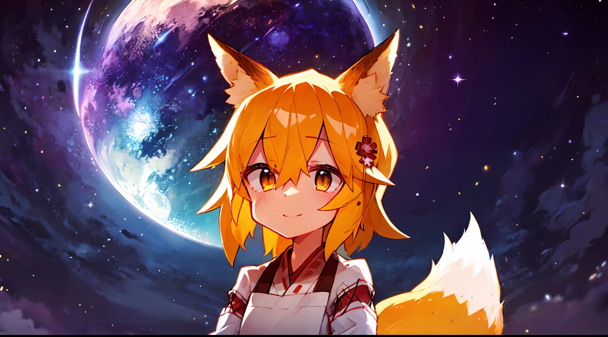 Ultra-detailed starry night scene, extremely focused image, (detailed light: 1.05), a fox girl with orange hair, small stature, solo, kimono, miko, fox ears and tail, floral hair ornament, gazing up with wonder in her crisp, luminous emerald eyes, enchanted smile on her flawless face, dazzlingly clear night sky filled with two sharp, detailed moons, brilliantly vivid constellations swirl overhead, notes of rich purple, blue and green fill the crisp sky, representing her sense of awe and hope, elegant beauty, masterful depth, textures and details