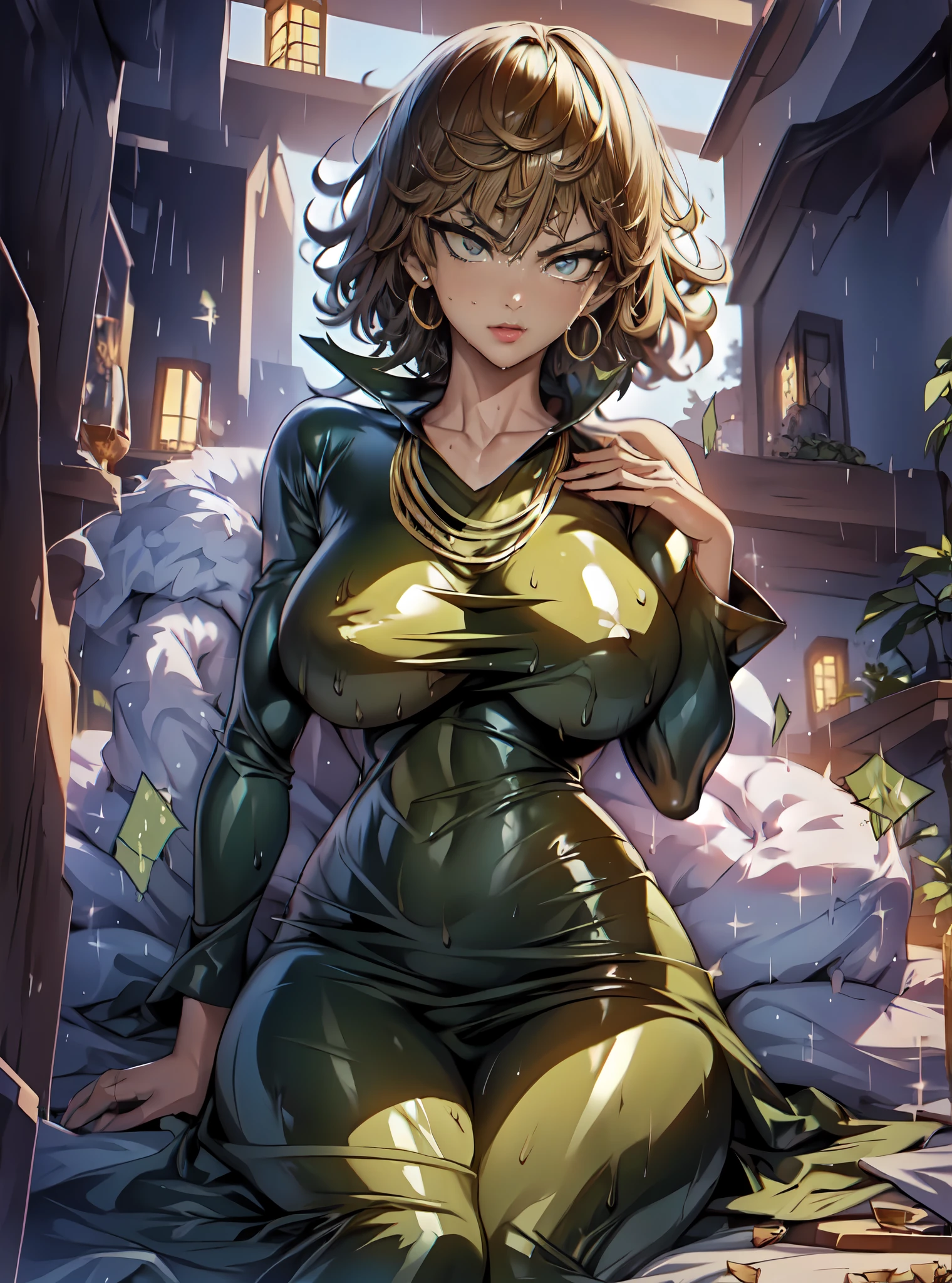 Anime-style face:1.5,Skinny black latex cleavage dress, tiny waist, Thin waist: 1.7,ultra realistic 8k cg, masterpiece, ((ultra detailed background, delicate pattern, intricate detail)), ( highly detailed, fine details), best quality, (photorealistic:1.7),Greasy body, There is a body where lubricating oil flows down, Verism, Verism。 (NSFW: 1.8), the perfect body. (sexy eyes) (seductive eyes) (clothes wet with water) (completely transparent plastic top) (suspender stockings, suspender stockings, high-gloss stockings) fleshy thighs tightened by high-gloss suspender stockings, huge soft breasts. Outermost transparent gauze on body, beautiful woman, surreal, 1 girl, ((facing the viewer, hand caressing her chest)), (huge soft breasts, attractive body: 2), sitting: 1.6, brunette hair: 1.9, (wet rain, wet body: 1.9), painting, masterpiece, best quality, ultra-detailed, absurd, portrait beautiful, solo, earrings, jewelry, smile, necklace, transparent tights, sexy, volumetric lighting, best quality, masterpiece, intricate details, realistic skin texture, pixiv, super detailed, Artstation trend, oilly skin, Wet rosy skin thin waist: 1.6, Large, upturned breasts, transparent clothes, enormous breasts, anime characters, anatomically correct, textured skin. (nsfw:1.8)enormous breasts, The picture is colorful, The brushstrokes of figure painting are multi-layered and rich。