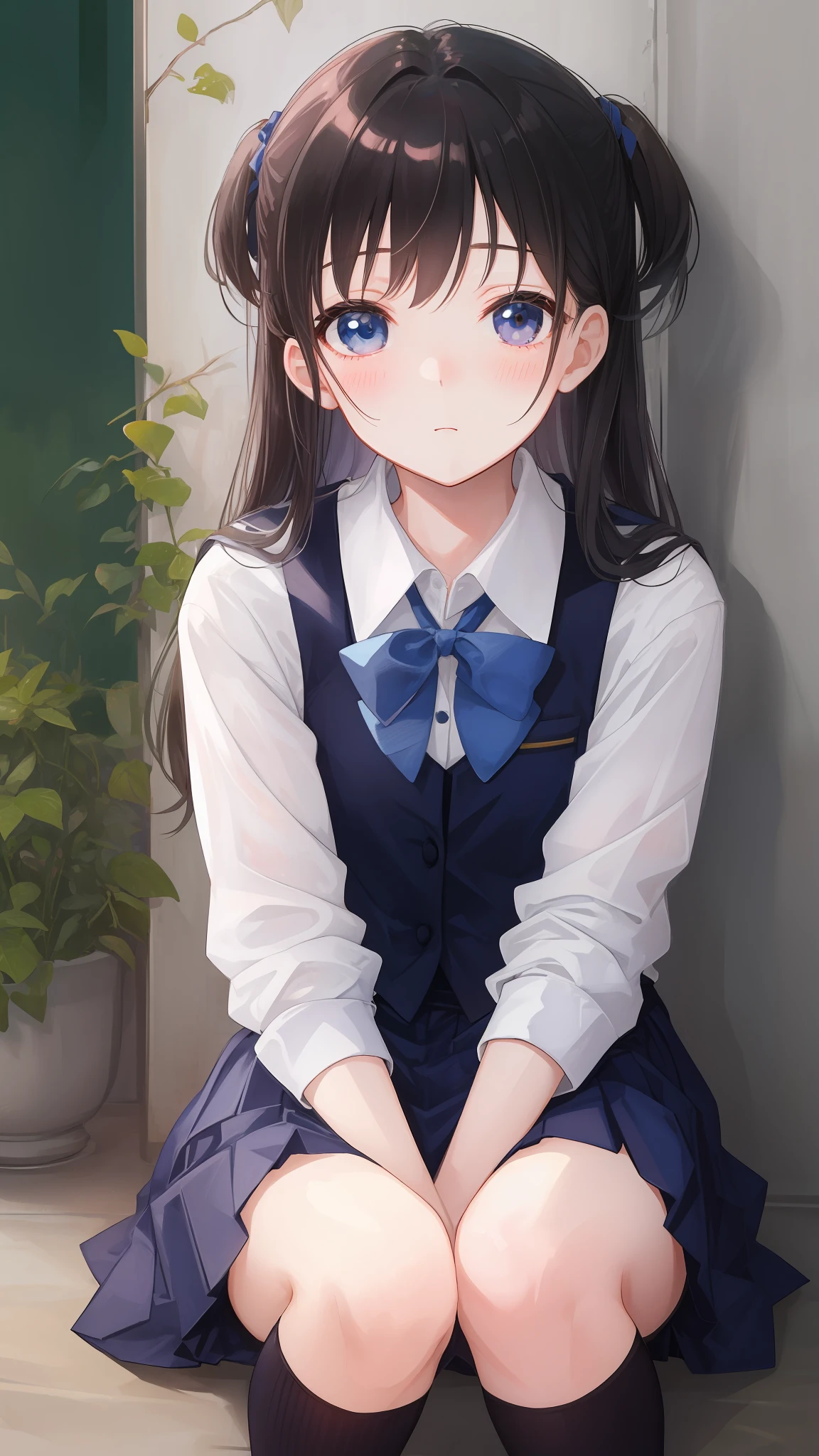 top-quality、exquisite、Schoolgirl in uniform sitting on the ground with her knees upright、Staring at me with a blush、