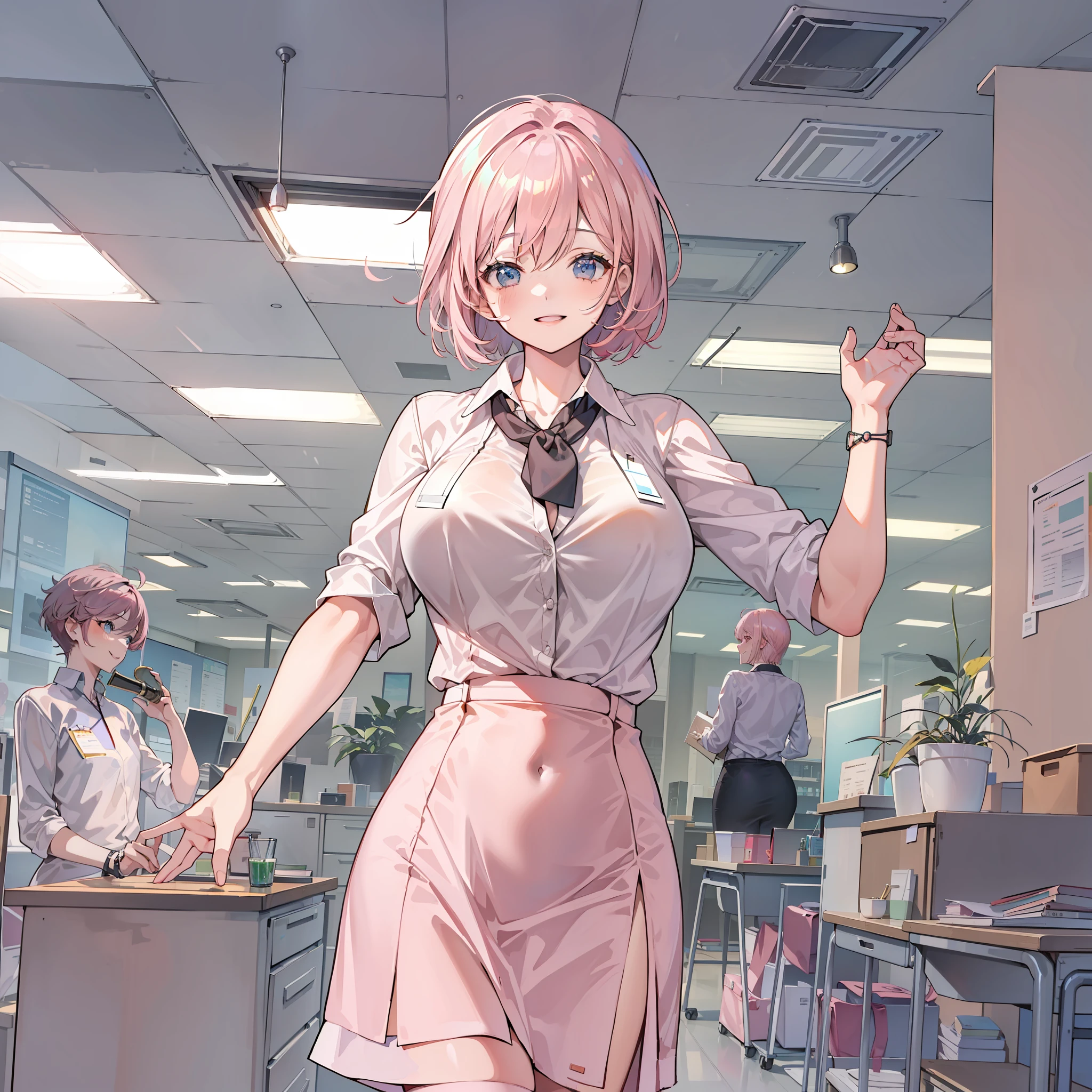 ((masterpiece, best)),(1girl),((mature woman)), light pink hair, dizzy, trumpet, ((office lady)), bangs, mid-chest, (full), slim, smiling, [wide hips] ,office,standing, aru \(blue archive\),
