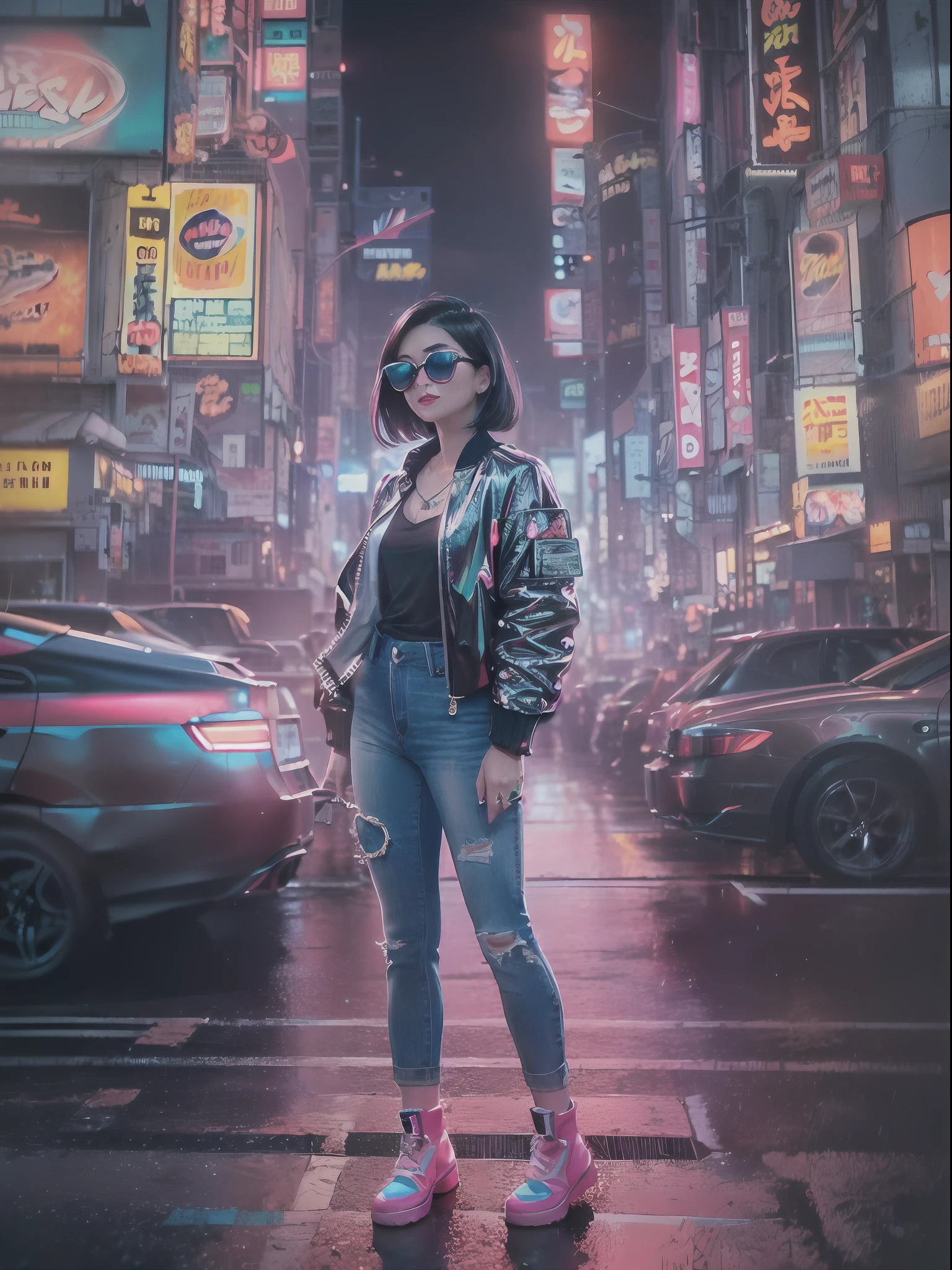 (masterpiece, retrowave style:1.3), a captivating retrowave-style image featuring a stylish Japanese woman in the vibrant streets of Tokyo, (retro-futuristic ambiance:1.2), (a fusion of past and future aesthetics:1.1), (Tokyo's neon-lit skyline in the background:1.2), (glowing billboards and holographic advertisements:1.1), (the city alive with a pulsating energy:1.2), (the woman exuding confidence and elegance:1.1), (a modern street snap moment with a touch of vintage nostalgia:1.2), (her attire reflecting a blend of retro and contemporary fashion:1.1), (a chic bomber jacket adorned with neon accents:1.2), (high-waisted jeans with colorful patches:1.1), (futuristic sunglasses adding a bold statement:1.2), (her jet-black hair styled in a sleek bob:1.1), (flashes of holographic makeup on her eyes and lips:1.2), (her smile radiating a sense of wonder:1.1), (the vibrant cityscape captured with an angular wide-angle lens:1.2), (lens model: Canon EF-S 10-18mm:1.1), (camera model: Mirrorless Sony Alpha a7III:1.2), (meticulously crafted lighting to enhance the neon-lit atmosphere:1.1), (glowing neon accents illuminating her presence:1.2), (Tokyo's bustling Shibuya crossing as the backdrop:1.1), (blending the essence of the 80s with modern urban vibes:1.2), (inviting viewers into the retro-futuristic world of Tokyo:1.1), (a moment frozen in time, celebrating the allure of Tokyo's street culture:1.2), (a retrowave adventure that captivates with its nostalgic charm:1.1), (immersing the audience in the neon-lit city of dreams:1.2), (a snapshot of the metropolis where tradition meets innovation:1.1)