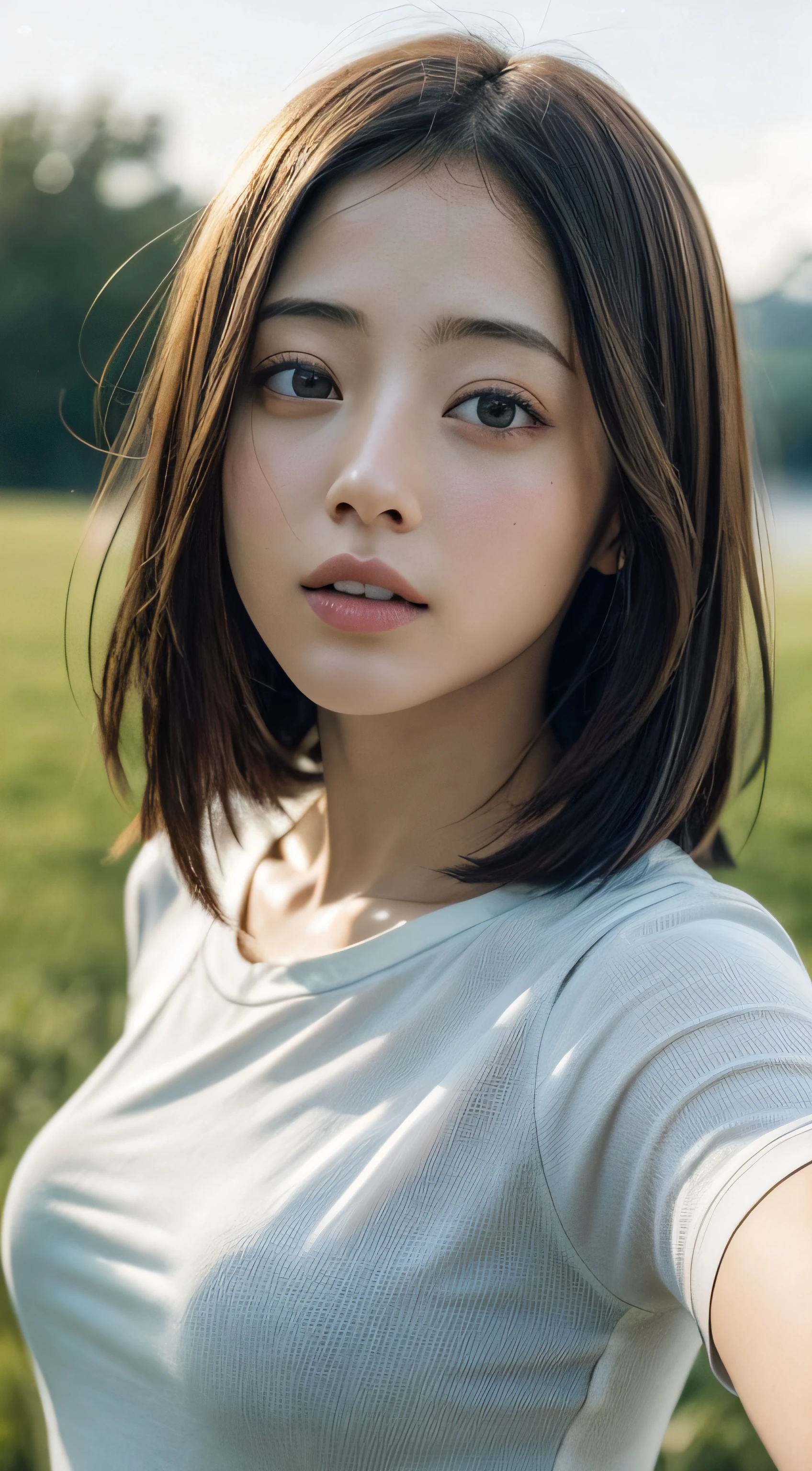 doress、(Photorealsitic:1.4)、(hyper realisitic:1.4)、(realisitic:1.3)、(Smooth lighting:1.05)、(Improved lighting quality in movies:0.9)、32K、1girl in、20 years girl、Realistic lighting、back lighting、Facial light、raytrace、(brightened light:1.2)、(enhanced quality:1.4)、(Top quality real texture skins:1.4)、finely eye、finerly detailed face、Fine quality eye、(Tired, sleepy and satisfied:0.0)、 close up of face、tshirts、(enhance body line mood:1.1)、(Increase the beauty of skin texture:1.1)、((Satomi Ishihara))、