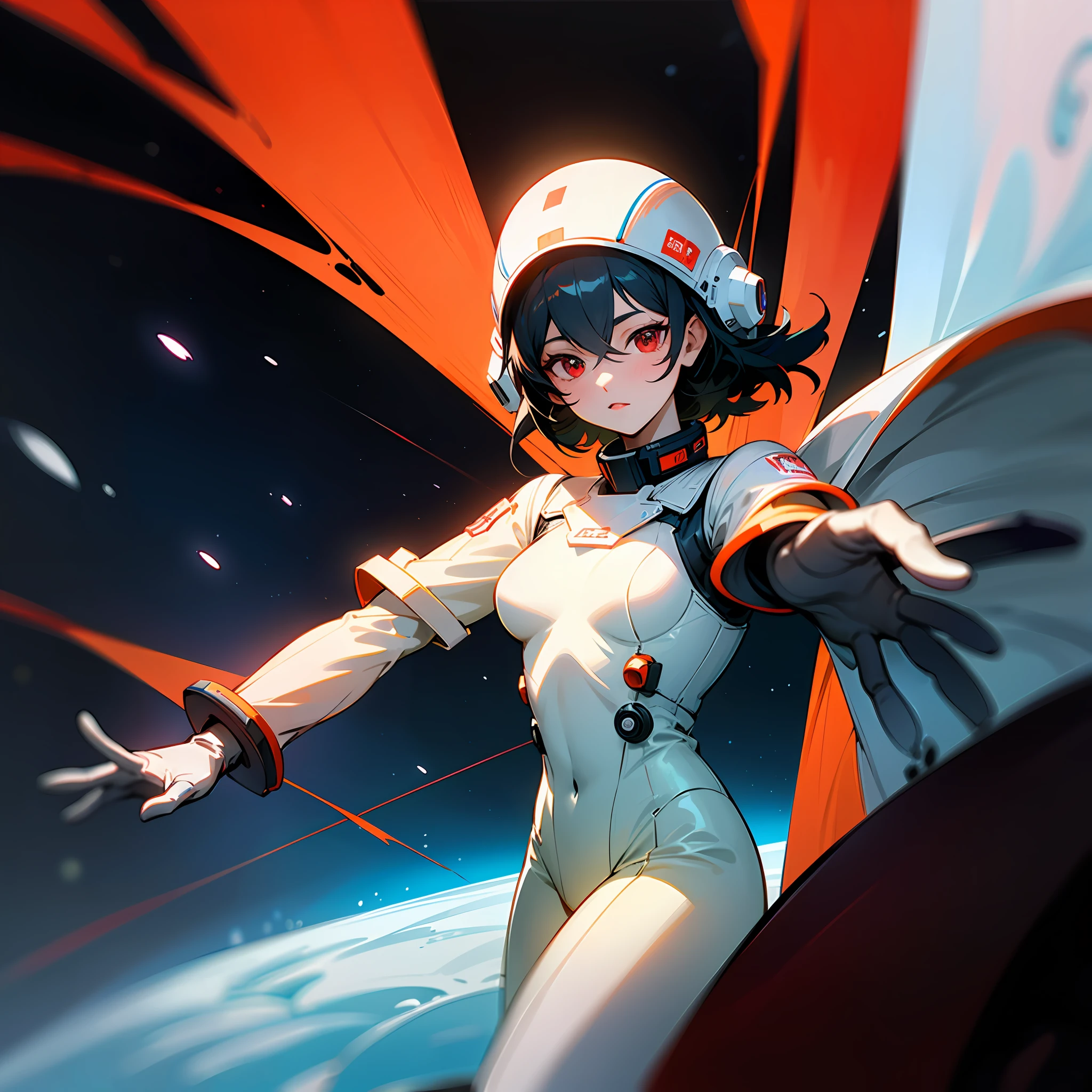 1girl,flat_breasts,cute,beautiful detailed eyes,shiny hair,visible through hair,hairs between eyes, CCCPposter, sovietposter,red monochrome,soviet poster, soviet,communism,
Black_hair,red_eyes,vampire,teenage,poorbreast,Spacesuit:Orange_clothing_body:jumpsuit),white_gloves, white_space shoes, white_helmet, the CCCP red letters on the top of helmet, weightlessness, Side light, reflection, The person in the spacesuit is at the bottom left of the frame, The right hand is outstretched, the right hand gently touches the Salyut space station), Space station in the upper right corner of the screen, Reflected light from the sun, Silver metal,red flag, brilliance,USSR style, diffuse reflection, Metallic texture, The vista is a blue Earth,mecha style,the sea of star,high tone, magnificent
