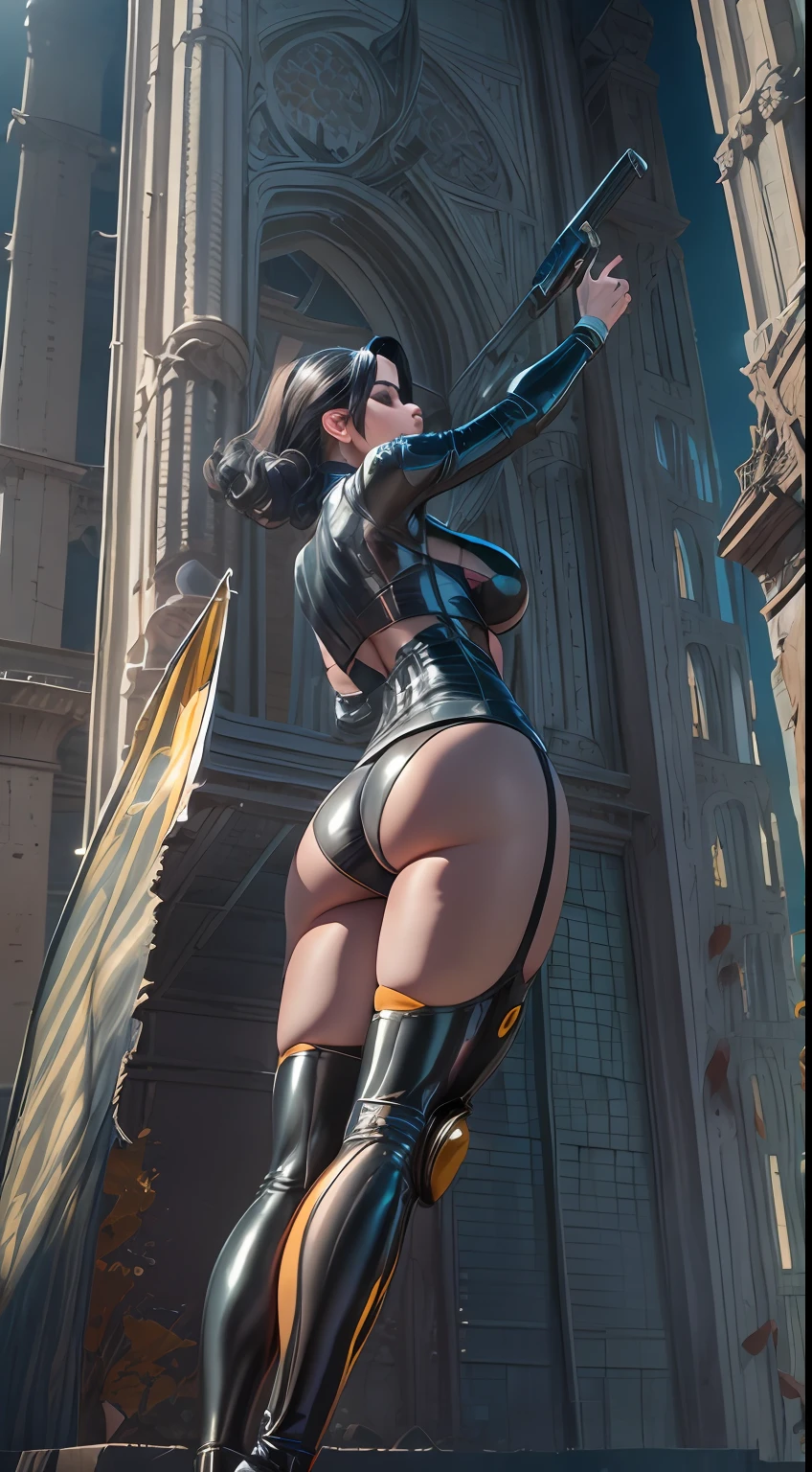 Masterpiece, best quality, 8k, octane render, A girl standing on building top, big boobs, natural boobs, saggy boobs, body details, shiny body, perfect figure, supermodel body, hero view,( full body:1.3) latex suit,outfit-gantz, latex breast curtains, black panties,Kim Mi-Jung