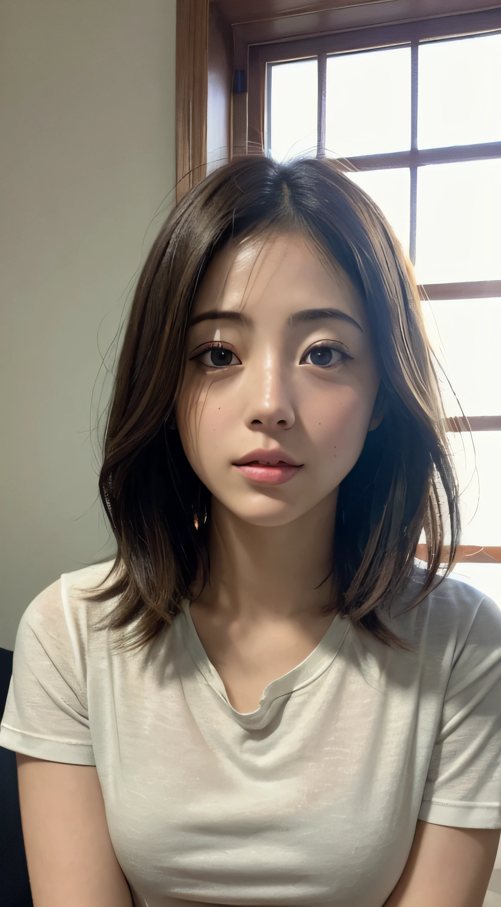 doress、(Photorealsitic:1.4)、(hyper realisitic:1.4)、(realisitic:1.3)、(Smooth lighting:1.05)、(Improved lighting quality in movies:0.9)、32K、1girl in、20 years girl、Realistic lighting、Back lighting、Facial light、raytrace、(brightened light:1.2)、(enhanced quality:1.4)、(Top quality real texture skins:1.4)、finely eye、finerly detailed face、Fine quality eye、(Tired, sleepy and satisfied:0.0)、 close up of face、tshirts、(enhance body line mood:1.1)、(Increase the beauty of skin texture:1.1)、((Satomi Ishihara))、