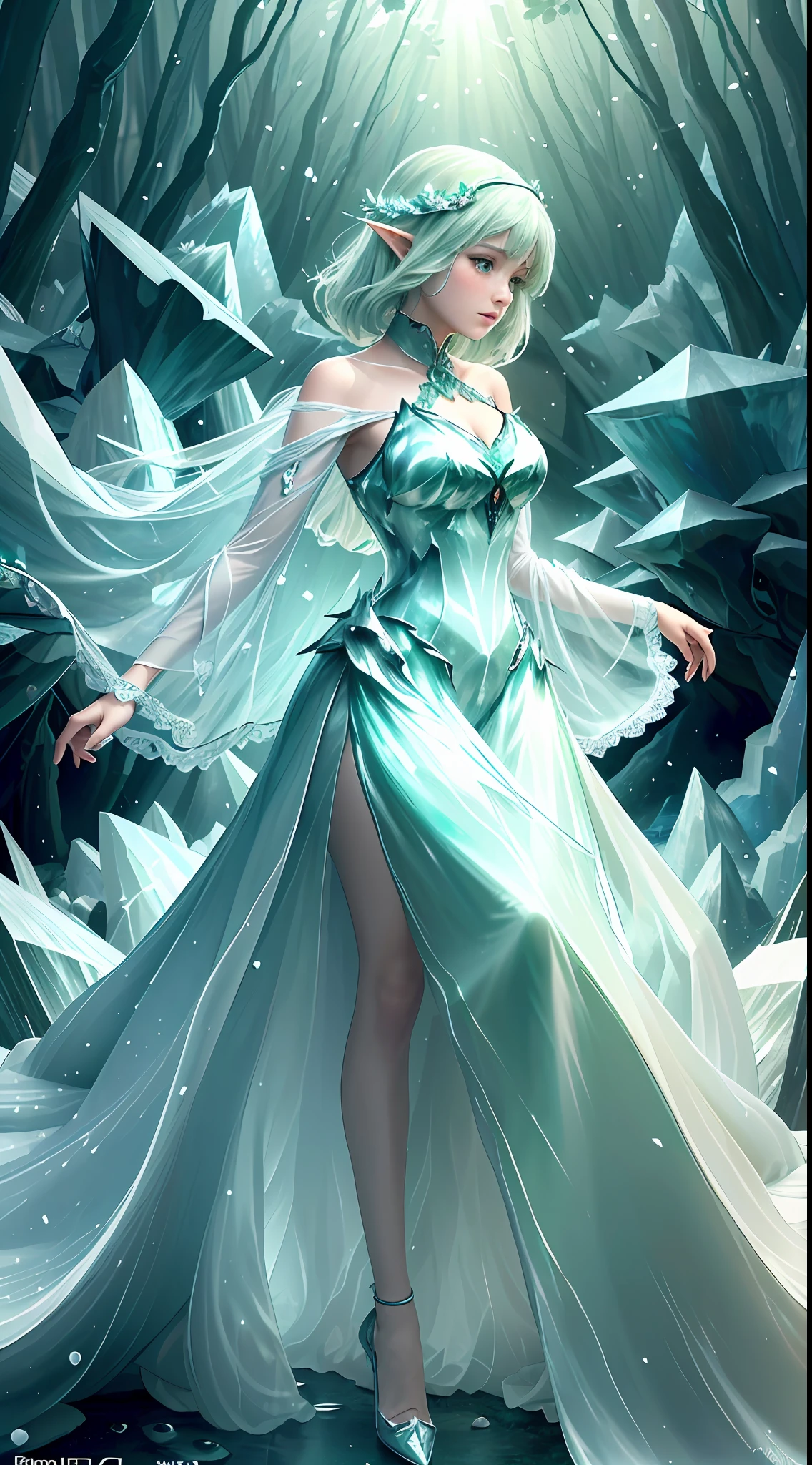 (Masterpiece, Top Quality, Best, Official Art, Beautiful and Aesthetic, Long Exposure: 1.2), Smooth Movement, Charming Patterns, 1 Girl, (Long Dress with Sleeves: 1.3), (((Green Clothes) )), upper body close-up, bare shoulders, Chinese girl, blush, black lob hair, portrait, solo, upper body, looking at the observer, detailed background, detailed face, (crystallineAI, crystalline theme:1.1), elemental wood elf, rotation foliage, control foliage, emerald clothing, dynamic pose, floating particles, ethereal dynamics, foliage, vapor, forest in the background, green tint, forest, ethereal atmosphere,