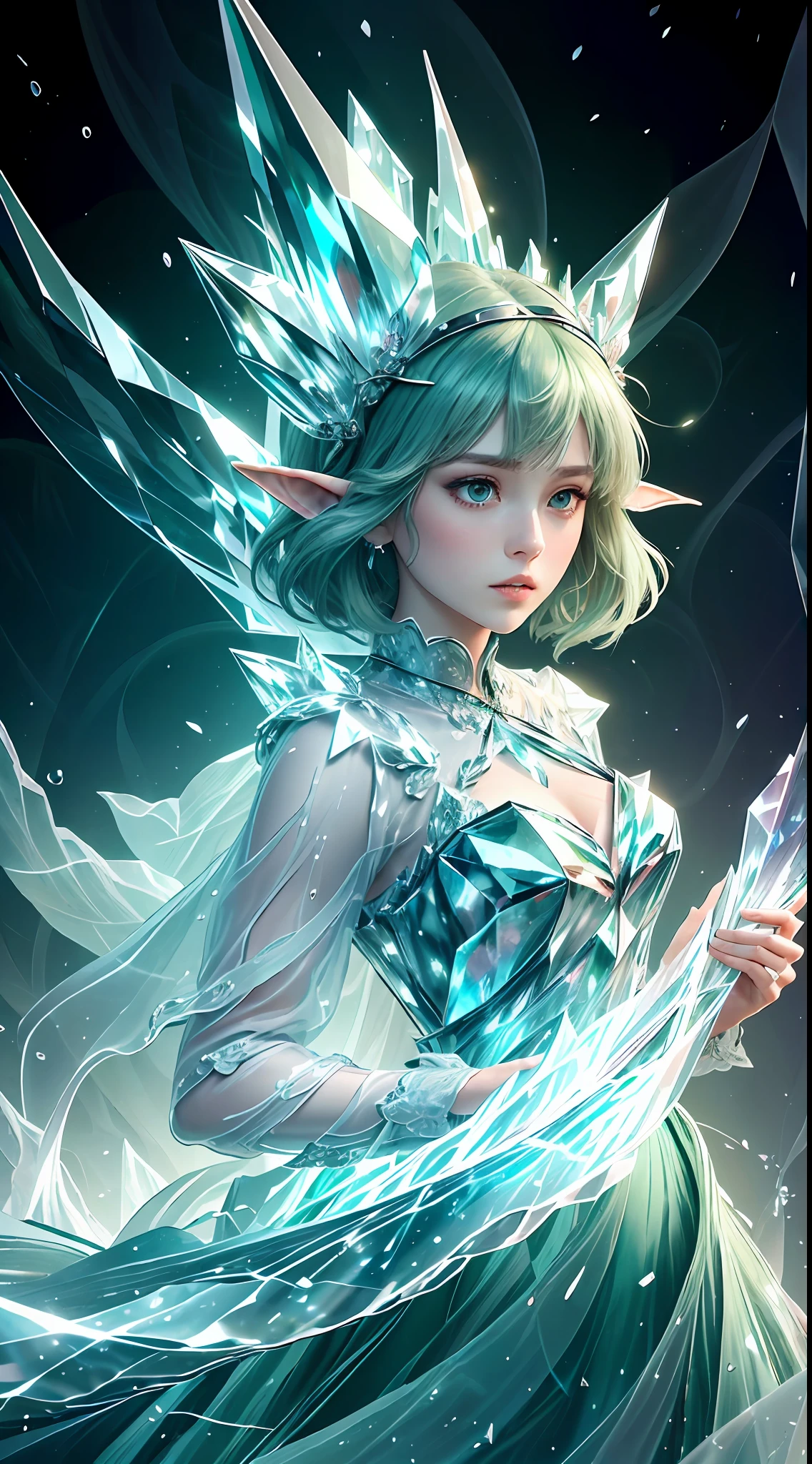 (Masterpiece, Top Quality, Best, Official Art, Beautiful and Aesthetic, Long Exposure: 1.2), Smooth Movement, Charming Patterns, 1 Girl, (Long Dress with Sleeves: 1.3), (((Green Clothes) )), upper body close-up, bare shoulders, Chinese girl, blush, black lob hair, portrait, solo, upper body, looking at the observer, detailed background, detailed face, (crystallineAI, crystalline theme:1.1), elemental wood elf, rotation foliage, control foliage, emerald clothing, dynamic pose, floating particles, ethereal dynamics, foliage, vapor, forest in the background, green tint, forest, ethereal atmosphere,