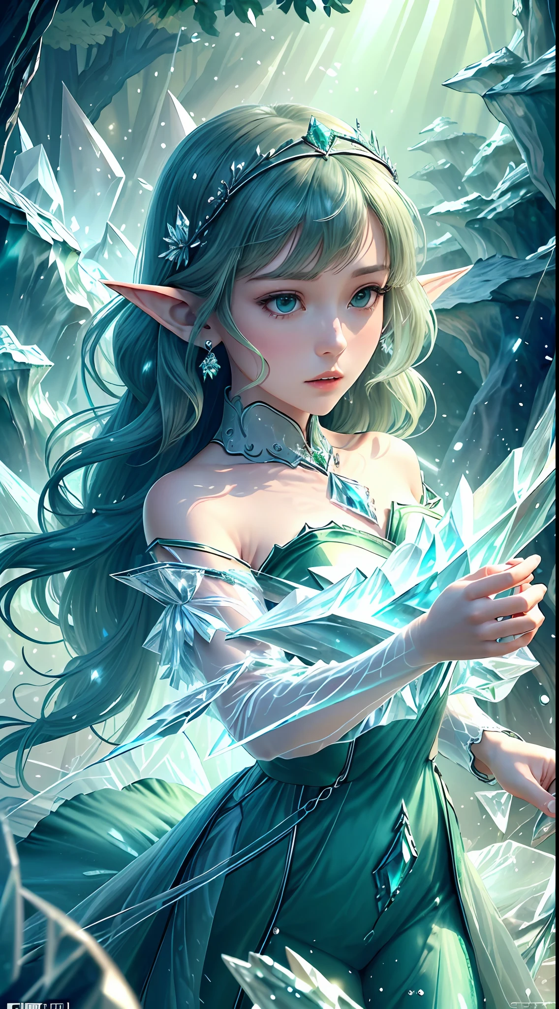 (Masterpiece, Top Quality, Best, Official Art, Beautiful and Aesthetic, Long Exposure: 1.2), Smooth Movement, Charming Patterns, 1 Girl, (Long Dress with Sleeves: 1.3), (((Green Clothes) )), upper body close-up, bare shoulders, Chinese girl, blush, black lob hair, portrait, solo, upper body, looking at the observer, detailed background, detailed face, (crystallineAI, crystalline theme:1.1), elemental wood elf, rotation foliage, control foliage, emerald clothing, dynamic pose, floating particles, ethereal dynamics, foliage, vapor, forest in the background, green tint, forest, ethereal atmosphere,