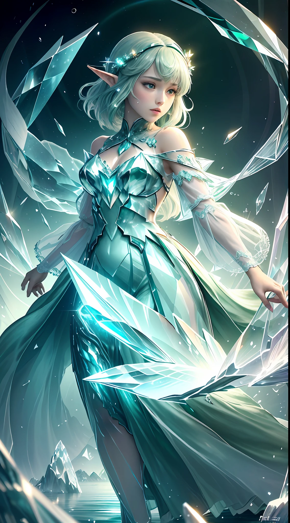 (Masterpiece, Top Quality, Best, Official Art, Beautiful and Aesthetic, Long Exposure: 1.2), Smooth Movement, Charming Patterns, 1 Girl, (Long Dress with Sleeves: 1.3), (((Green Clothes) )), upper body close-up, bare shoulders, Chinese girl, blush, black lob hair, portrait, solo, upper body, looking at the observer, detailed background, detailed face, (crystallineAI, crystalline theme:1.1), elemental wood elf, rotation foliage, control foliage, emerald clothing, dynamic pose, floating particles, ethereal dynamics, foliage, vapor, forest in the background, green tint, forest, ethereal atmosphere,