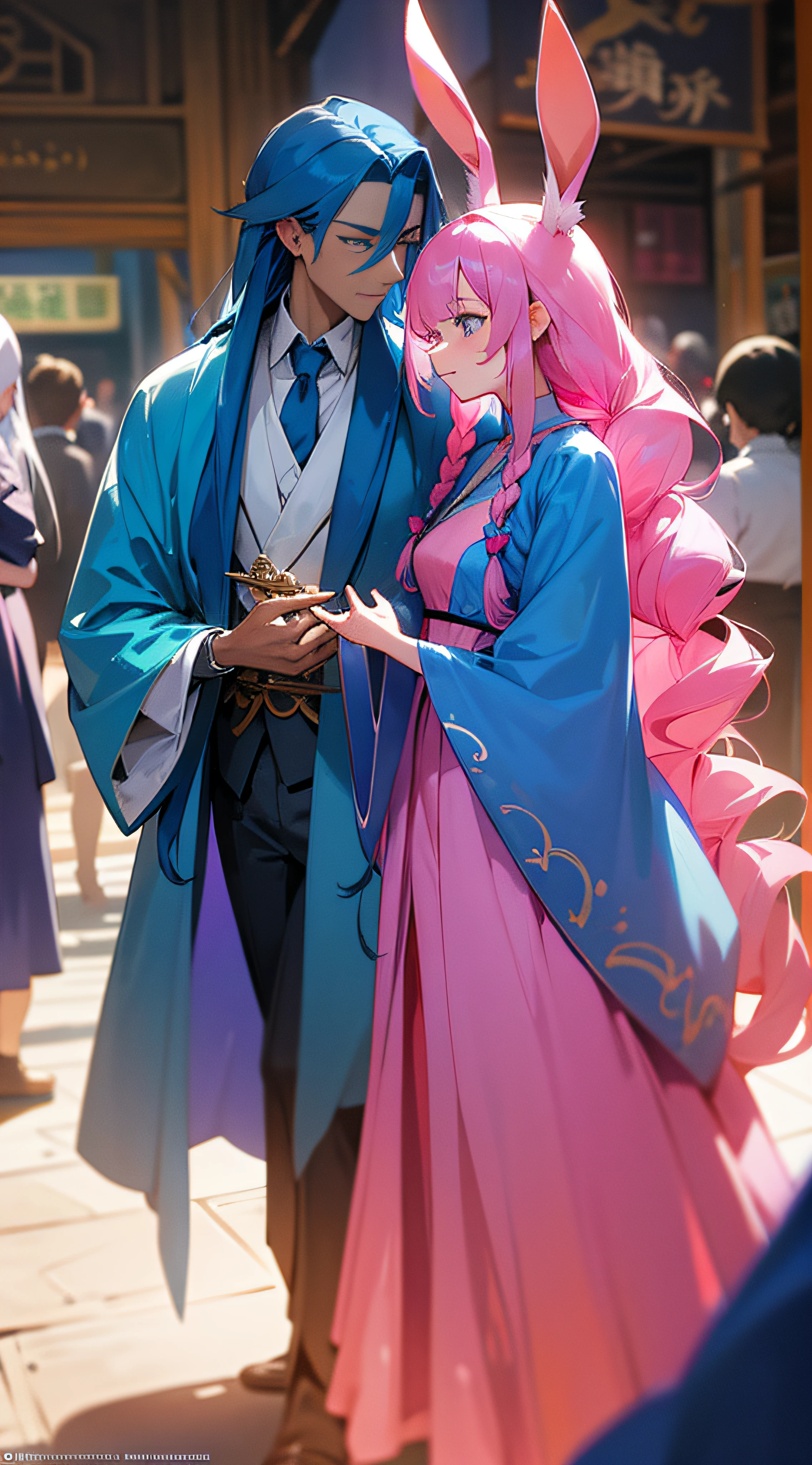 A couple walks through a lively bazaar,Man with blue hair and gorgeous blue robes,Woman with long pink hair in a long pink dress,A pair of rabbit ears,Long hair combed into long scorpion braids