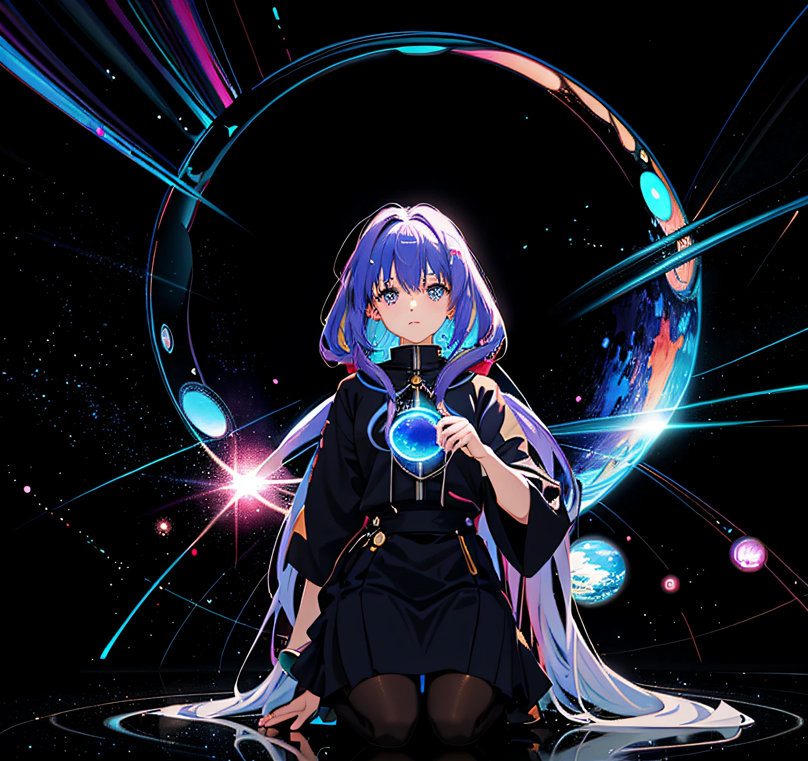 There was a woman，There are many stars on the hair, dreamy psychedelic anime, ufotable art style, anime girl with cosmic hair, beautiful glitch art dream, Guviz-style artwork, glitched fantasy painting, Digital art on Pixiv, colorful flat surreal ethereal, Strange portrait with the Milky Way, in a galaxy，Planet in hand