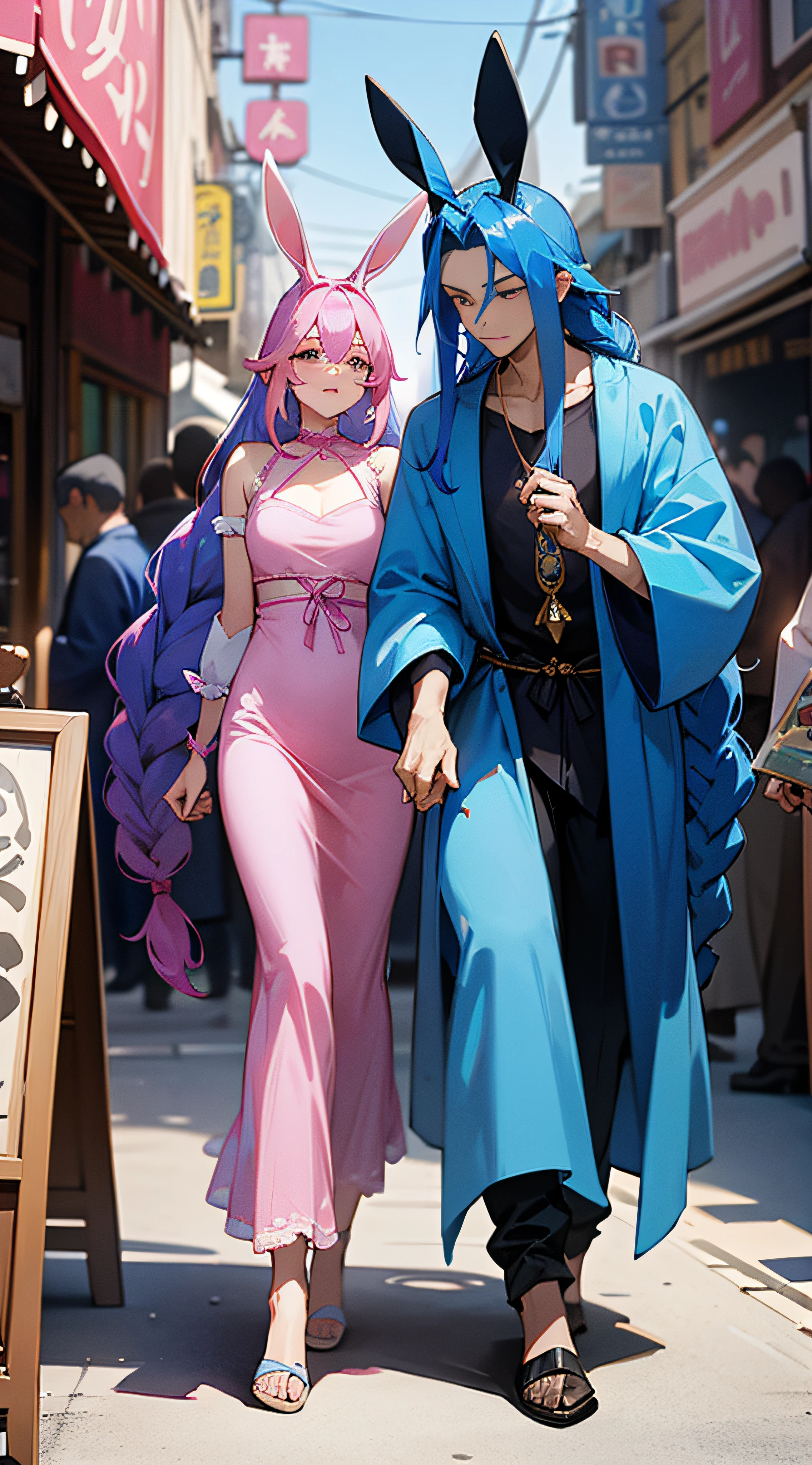 A couple walks through a lively bazaar，Man with blue hair and gorgeous blue robes，Woman with long pink hair in a long pink dress，A pair of rabbit ears，Long hair combed into long scorpion braids