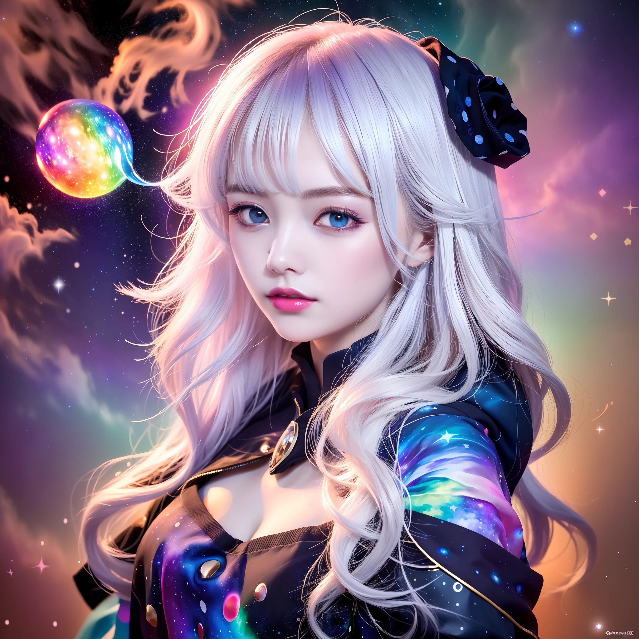 ((masterpiece)), (((best quality))), ((ultra-detailed)), ((illustration)),[realism light effect],shadow,(Fantasy style),(white background:1.6), simple background, (earth theme),(a cloak)[(hair focus,((1girl)),[(big slime hair): (cloud hair):0.3], (hair on background),(high saturation),(hair surrounded by galaxy splashes),)):((her hair is becoming galaxy clouds,:1.27628), (hair and clothes is galaxy clouds and cluster of stars:1.1025),(a cloak is becoming galaxy clouds)(colorful_galaxy_print_clusters_of_stars_print:1.35),((detailed starry sky with colorful galaxy and galaxy clouds):1.2)):0.35], (((masterpiece))),(((best quality))),((ultra-detailed)),(illustration),(dynamic angle),((floating)),(paint),((disheveled hair)),((beautiful detailed face)),collar,bare shoulders, ((colorful hair)),((streaked hair)),beautiful detailed eyes,(Gradient color eyes),(((colorful eyes))),(((colorful background))),(((high saturation))),(((surrounded by colorful splashes))),(((surrounded by colorful dot))),colorful bubble,((shining)),