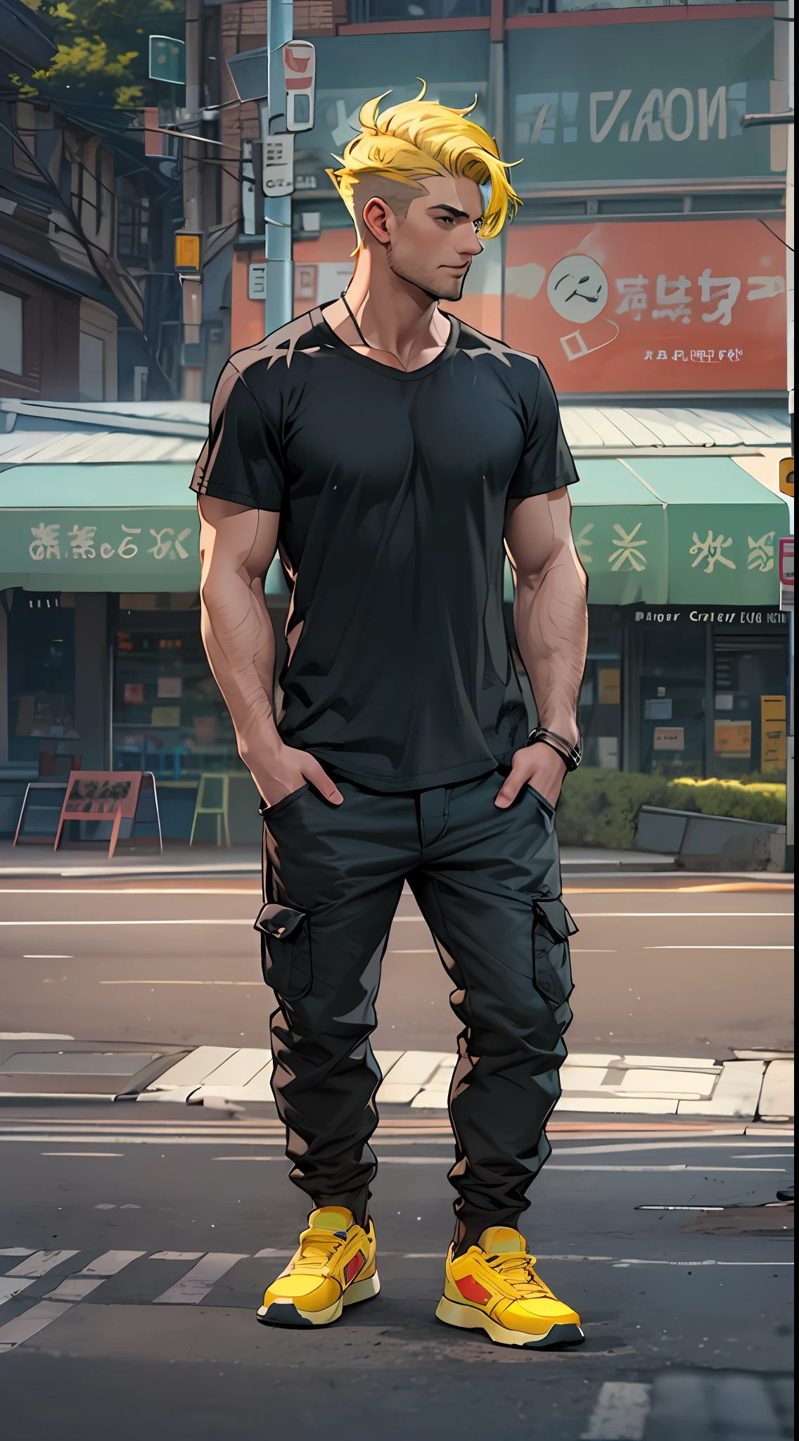 A handsome adult man, Wearing a black T-shirt and short yellow hair, Stand at the crossroads of the street ,32K, Best quality, Masterpiece, Super detail, High details