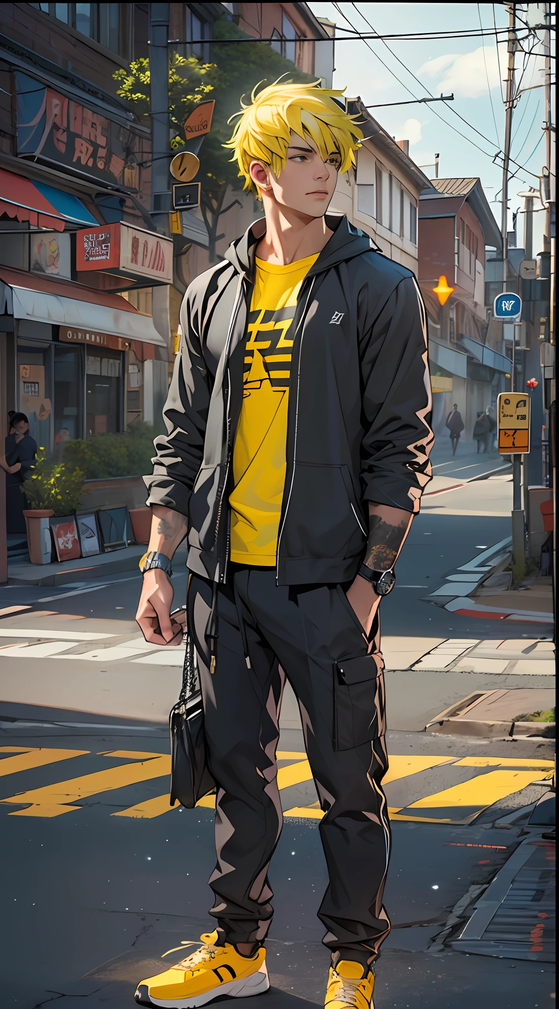 A handsome adult man, Wearing a black T-shirt and short yellow hair, Stand at the crossroads of the street ,32K, Best quality, Masterpiece, Super detail, High details