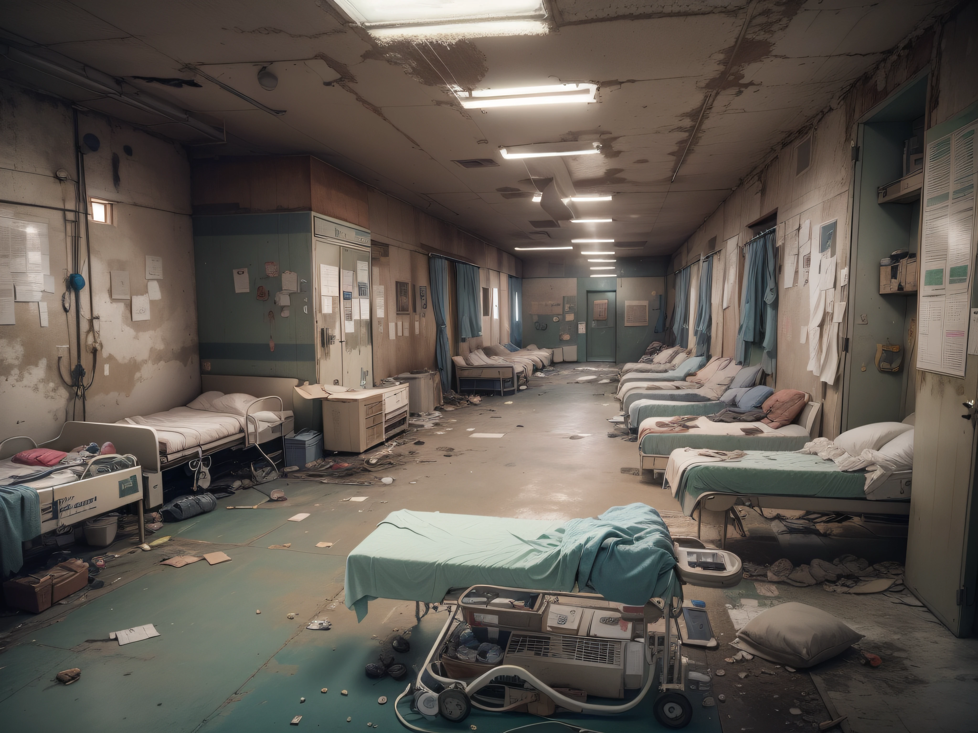 Generate an image of a medical bay inside the abandoned base, with empty cots and outdated medical equipment lining the walls. The scene should be filled with a sense of tragedy and sorrow as visitors imagine the patients who were once treated there.