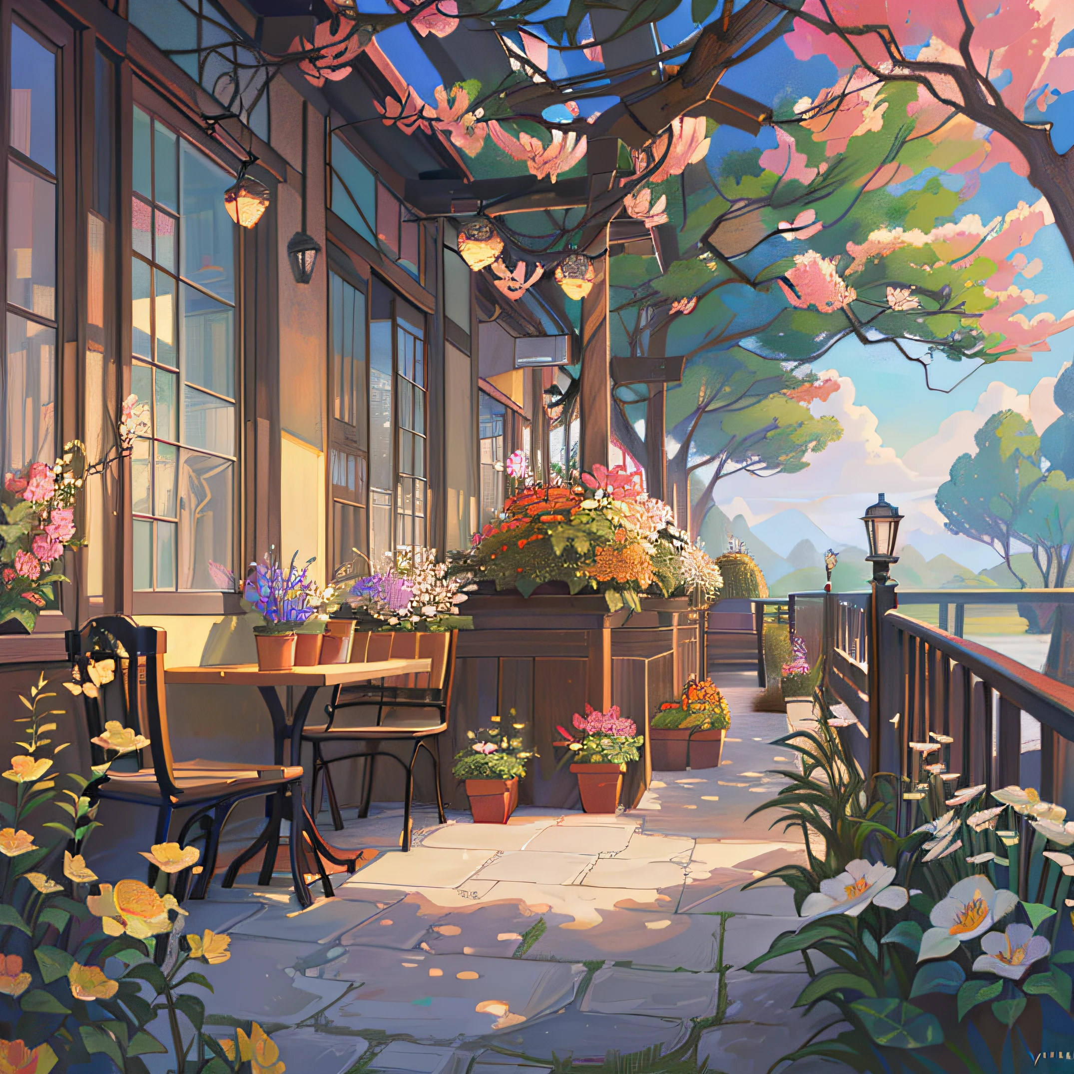 There is a patio painting with flowers and a bench, anime background art, cozy cafe background, floral environment, beautiful anime scene, beautiful anime scenery, anime beautiful peaceful scene, Flower shop scene, detailed scenery —width 672, background art, scenery artwork, Beautiful aesthetic art, Ni Yuanlu, background illustration, Yang J, 🌺 cgsociety