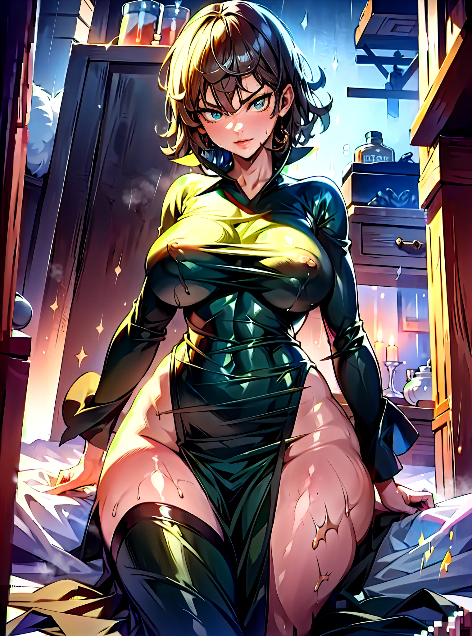 Anime-style face:1.5,Skinny black latex cleavage dress, tiny waist, Thin waist: 1.7,ultra realistic 8k cg, masterpiece, ((ultra detailed background, delicate pattern, intricate detail)), ( highly detailed, fine details), best quality, (photorealistic:1.7),Greasy body, There is a body where lubricating oil flows down, Verism, Verism。 (NSFW: 1.8), the perfect body. (sexy eyes) (seductive eyes) (clothes wet with water) (completely transparent plastic top) (suspender stockings, suspender stockings, high-gloss stockings) fleshy thighs tightened by high-gloss suspender stockings, huge soft breasts. Outermost transparent gauze on body, beautiful woman, surreal, 1 girl, ((facing the viewer, hand caressing her chest)), (huge soft breasts, attractive body: 2), sitting: 1.6, brunette hair: 1.9, (wet rain, wet body: 1.9), painting, masterpiece, best quality, ultra-detailed, absurd, portrait beautiful, solo, earrings, jewelry, smile, necklace, transparent tights, sexy, volumetric lighting, best quality, masterpiece, intricate details, realistic skin texture, pixiv, super detailed, Artstation trend, oilly skin, Wet rosy skin thin waist: 1.6, Large, upturned breasts, transparent clothes, enormous breasts, anime characters, anatomically correct, textured skin. (nsfw:1.8)enormous breasts, The picture is colorful, The brushstrokes of figure painting are multi-layered and rich。