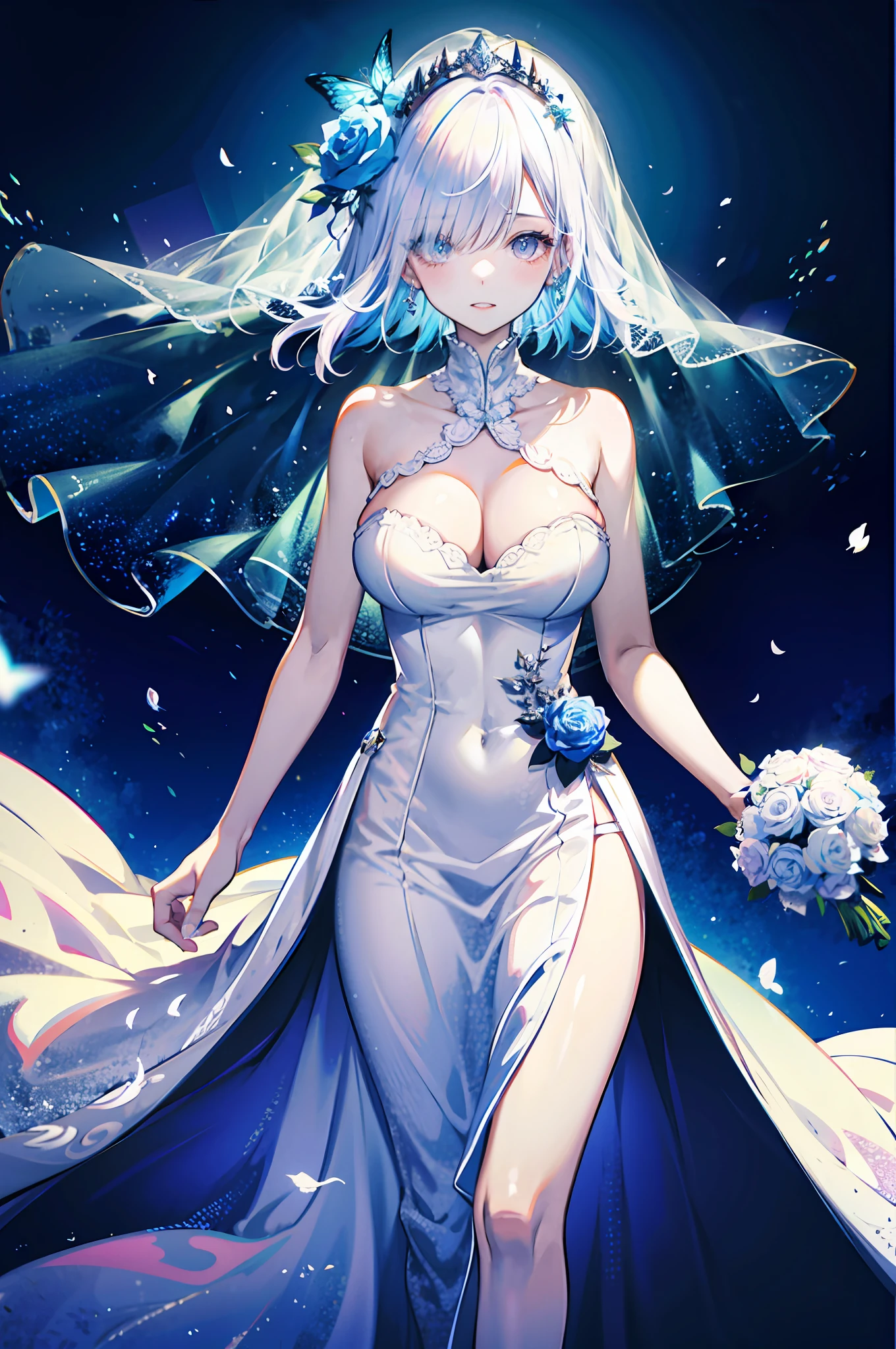 silber hair,butterflys,long whitr hair,white wedding gown,8k wallpaper,detailedbackground,Highest high resolution,deep v big breasts,Hair covers one eye,Bandeau wedding dress,chies,White rose,