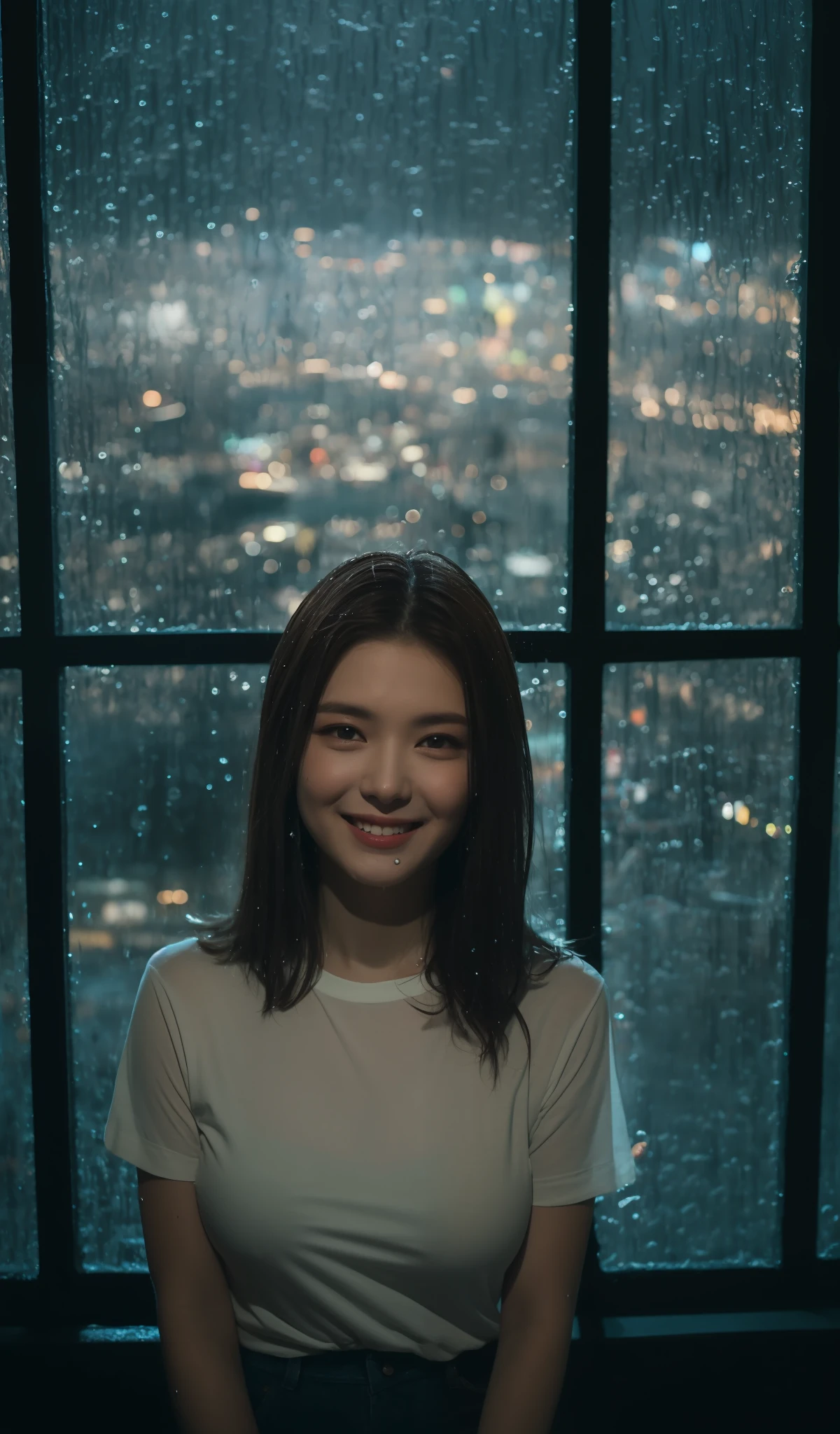 ((Rainy season, Best quality, 8k, Masterpiece :1.3)), Whole body, Long legs, Sharp focus :1.2, A pretty woman with perfect figure :1.4, Slender abs :1.1, ((Dark brown hair, Big breasts :1.2)), (White tight tshirt, Miniskirt:1.2), hips visible black colored bra straps, ((Night view city, Window:1.3)), Highly detailed face and skin texture, Detailed eyes, Double eyelid, Spirited smile:1.1, Blue and yellow neon light, Natural body
