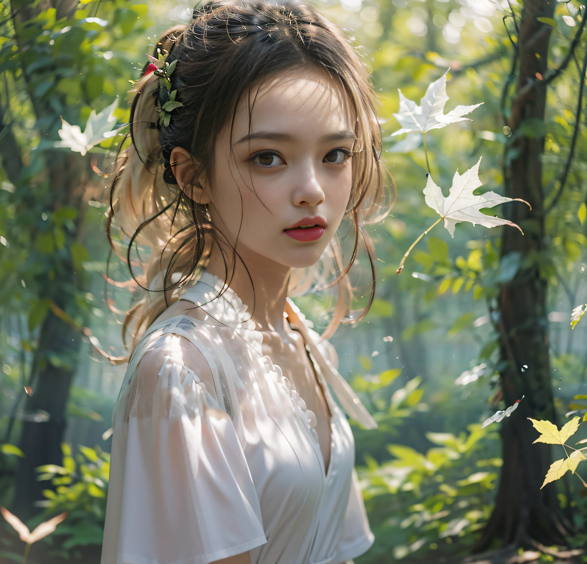 white dresses,Bigchest,exteriors,the woods,
in the afternoon,after rainny,Dingdall effect,The wind blows through the maple leaves,dust kicked up,
tmasterpiece, hyper HD, Best picture quality, A high resolution,16k, hyper-high detail,
photorealestic,