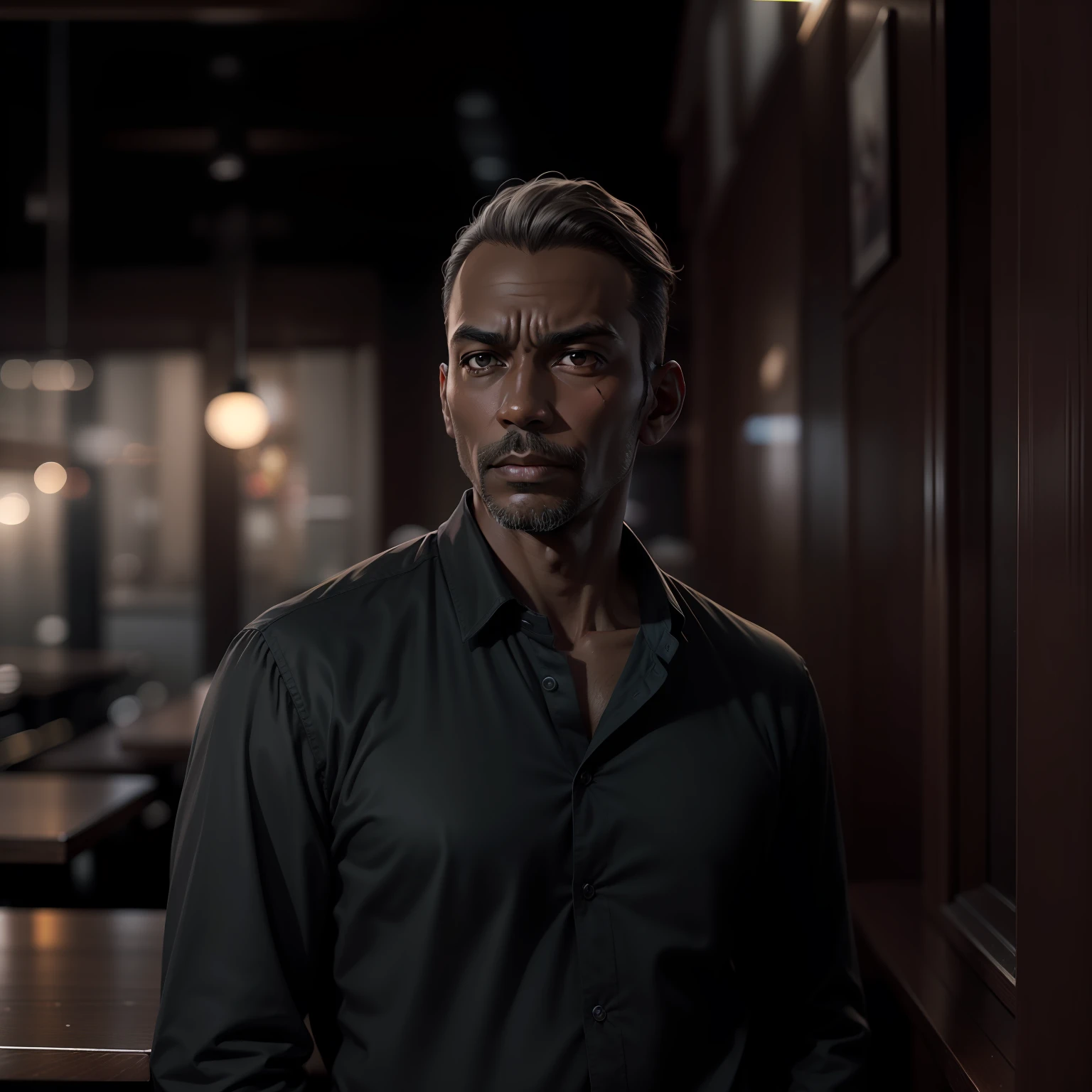 average male, 40s, receding hairline and graying, dark skin tone, puzzled expression, dressed in black shirt, standing in dark, empty restaurant