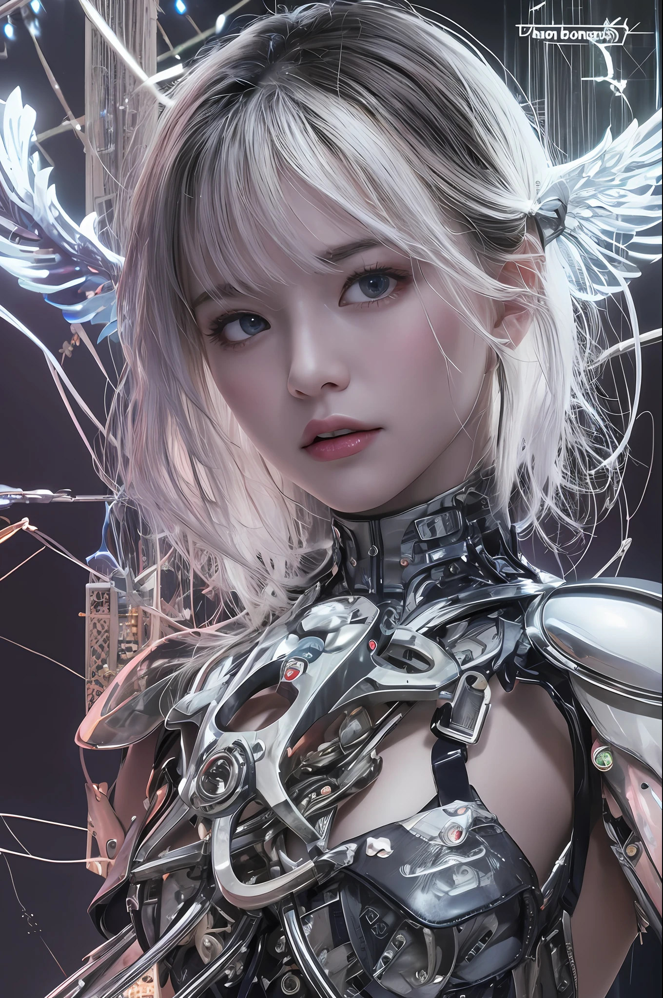 top-quality、​masterpiece、超A high resolution、(Photorealsitic:1.4)、Raw photo、Mechanical Angel、large wings made of metal、White porcelain body、女の子1人、white  hair、glowy skin、1 Mechanical Girl、((super realistic details))、portlate、globalillumination、Shadow、octan render、8K、ultrasharp、character edge light,Colossal tits、Raw skin is exposed in cleavage、Details of complex ornaments、Hydraulic cylinder、highly intricate detail、Realistic light、a purple eye、radiant eyes、Facing the camera、neon details、Mechanical limbs、blood vessels connected to tubes、Mechanical vertebrae attached to the back、mechanical cervical attaching to neck、cowboy  shot、Futuristic headgear、Sumerian details、Small LED lamp、