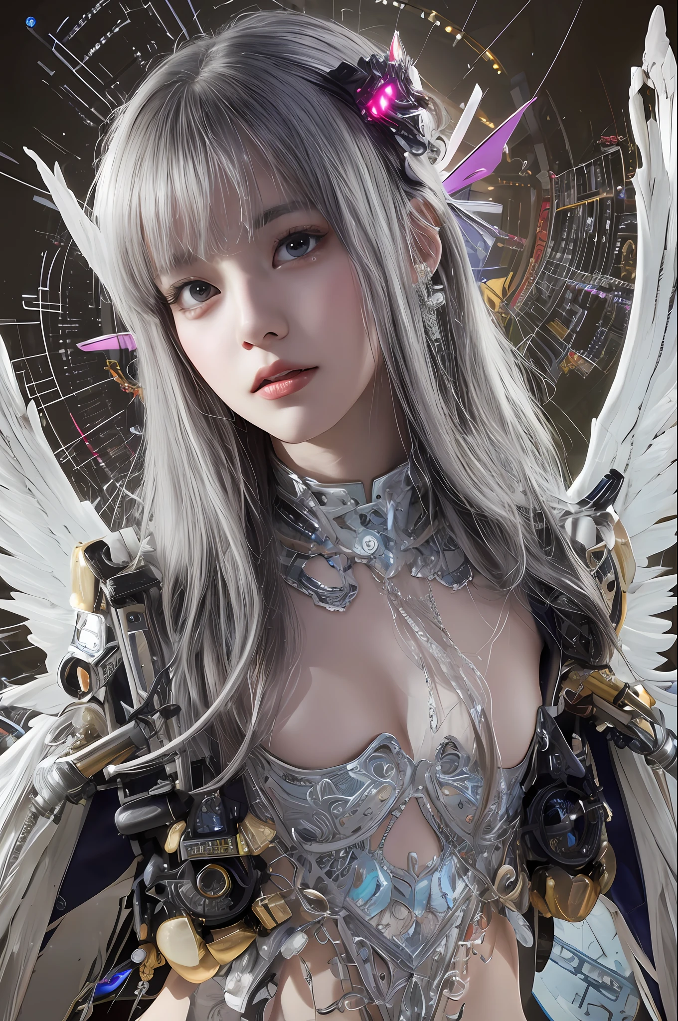 top-quality、​masterpiece、超A high resolution、(Photorealsitic:1.4)、Raw photo、Mechanical Angel、large wings made of metal、White porcelain body、女の子1人、white  hair、glowy skin、1 Mechanical Girl、((super realistic details))、portlate、globalillumination、Shadow、octan render、8K、ultrasharp、character edge light,Colossal tits、Raw skin is exposed in cleavage、Details of complex ornaments、Hydraulic cylinder、highly intricate detail、Realistic light、a purple eye、radiant eyes、Facing the camera、neon details、Mechanical limbs、blood vessels connected to tubes、Mechanical vertebrae attached to the back、mechanical cervical attaching to neck、cowboy  shot、Futuristic headgear、Sumerian details、Small LED lamp、