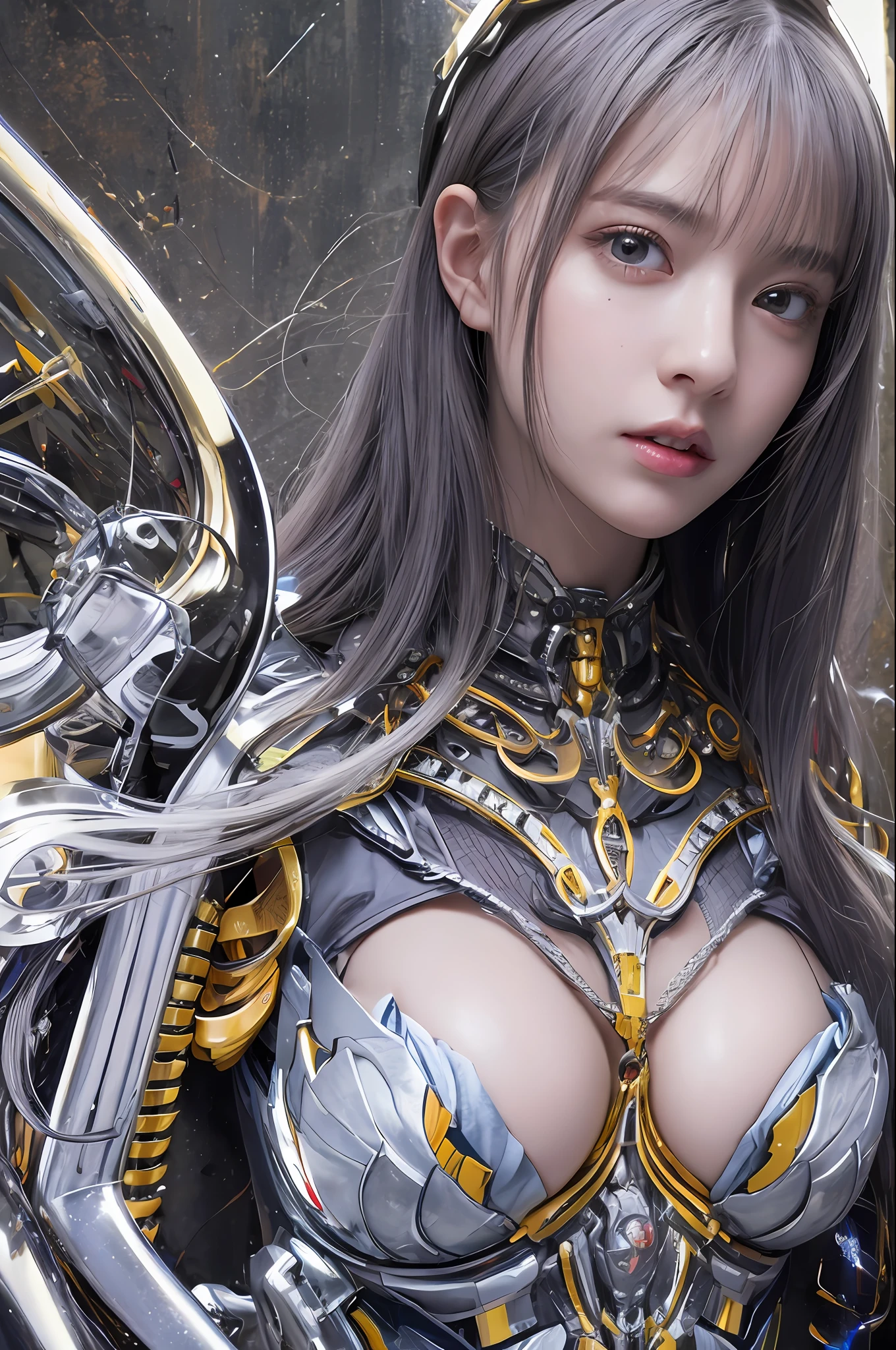 top-quality、​masterpiece、超A high resolution、(Photorealsitic:1.4)、Raw photo、Mechanical Angel、large wings made of metal、White porcelain body、女の子1人、white  hair、glowy skin、1 Mechanical Girl、((super realistic details))、portlate、globalillumination、Shadow、octan render、8K、ultrasharp、character edge light,Colossal tits、Raw skin is exposed in cleavage、Details of complex ornaments、Hydraulic cylinder、highly intricate detail、Realistic light、a purple eye、radiant eyes、Facing the camera、neon details、Mechanical limbs、blood vessels connected to tubes、Mechanical vertebrae attached to the back、mechanical cervical attaching to neck、cowboy  shot、Futuristic headgear、Sumerian details、Small LED lamp、