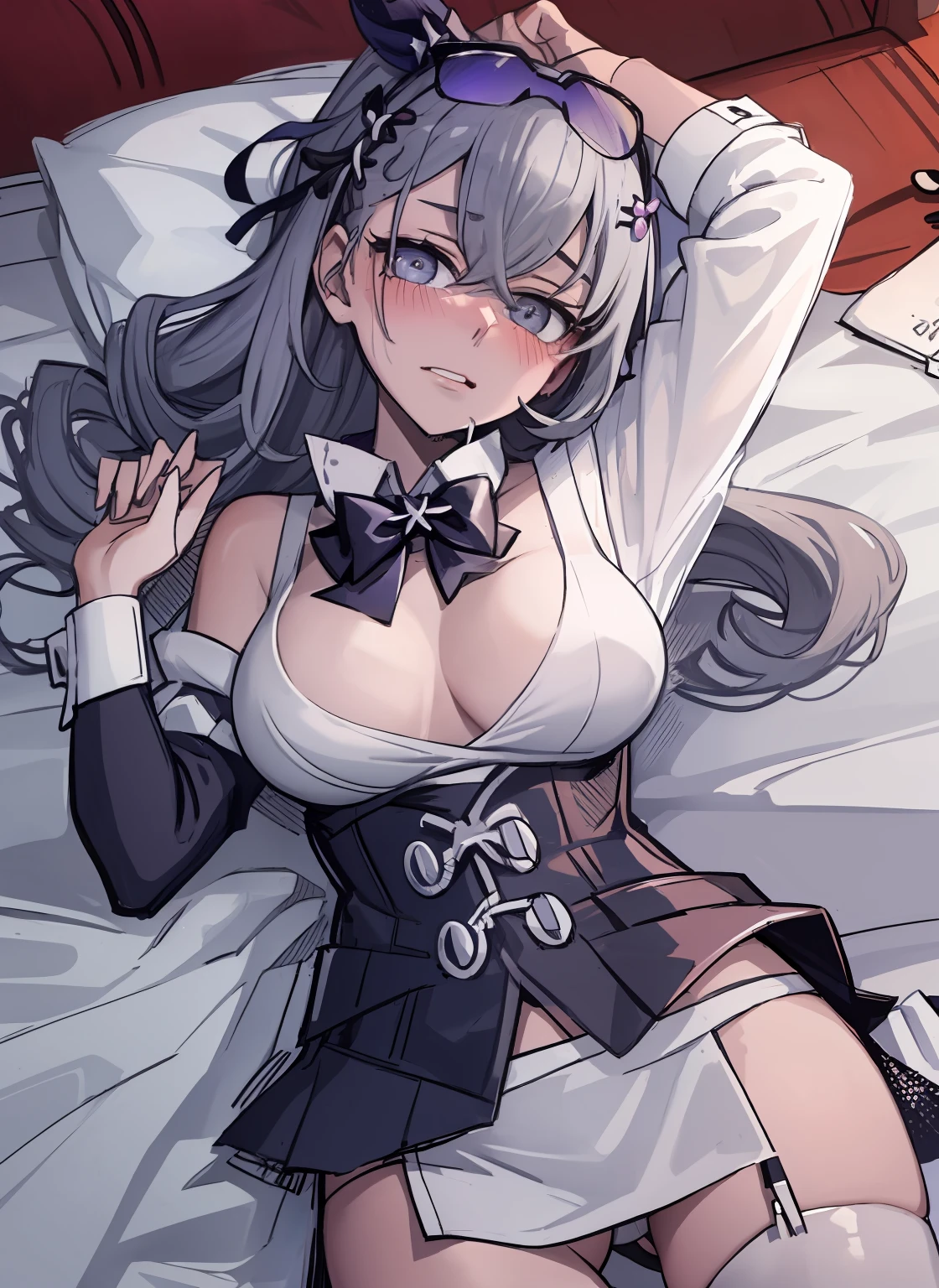 ((masterpiece,best quality)), highres, 1girl, SilverWolfV4, love in eyes, bow hairpins, blushing, shyness, drooling, rolling eyes, white bow tie, maid outfit, long sleeves, miniskirt, exposed panties, hands raised above the head, lying on bed, big breasts, leg rings, white liquid, binding, single