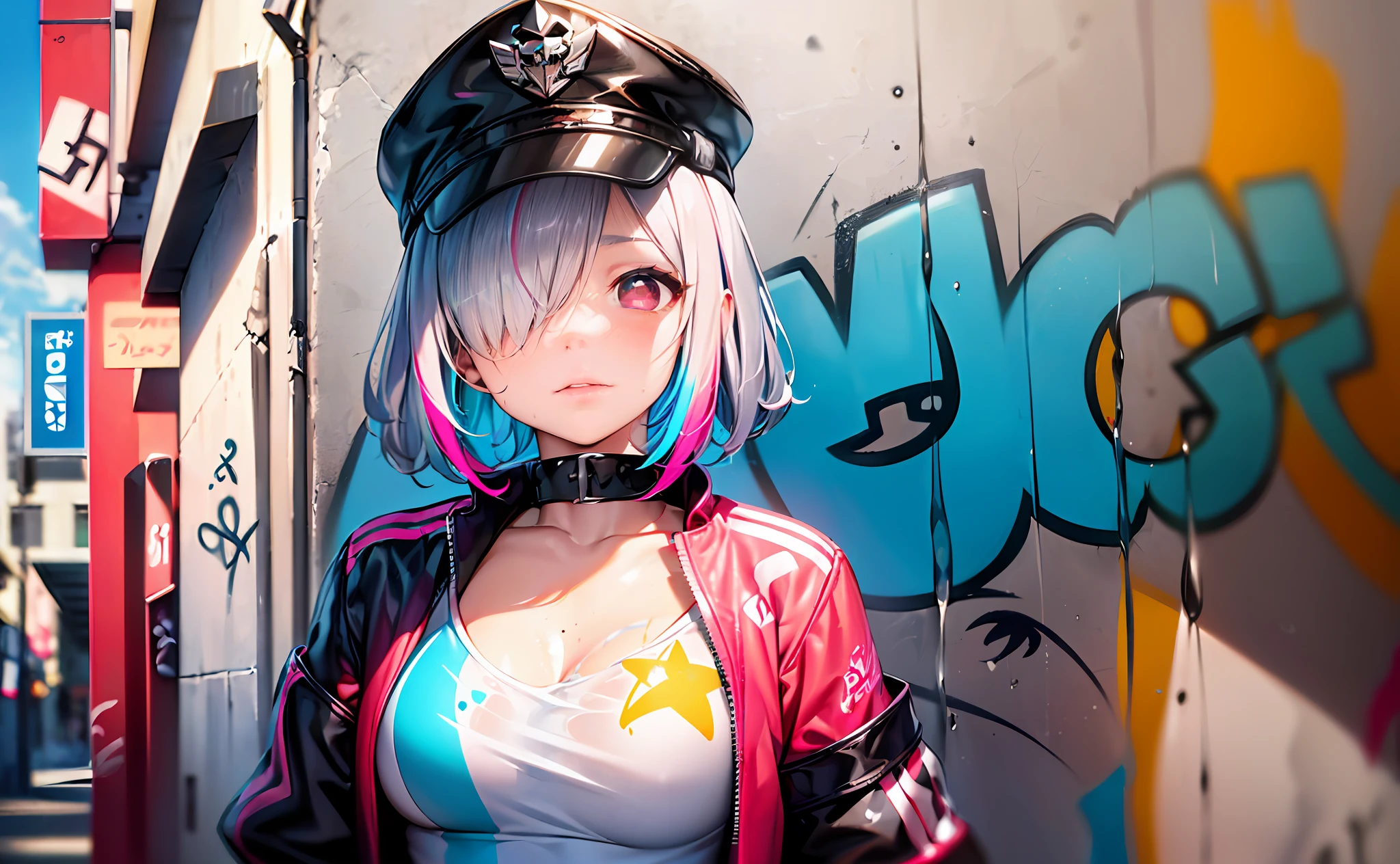 1girl, solo, (silver and pink alternate hair color:1.331), (short hair, cornrows, hair over one eye:1.2), {{;)}}, (red eyes, star-shaped pupils, glint:1.2), long eyelashes, (kubrick stare:1.15), mole under mouth, goggles on peaked cap, streetwear, medium breasts,(color splashing, street graffiti:1.41), (colorful:1.331), panorama,(The background is a wall painted with street graffiti:1.3),(wallwalking:1.4), ray tracing, cinematic lighting, anatomically correct, masterpiece, high details, high quality, highres