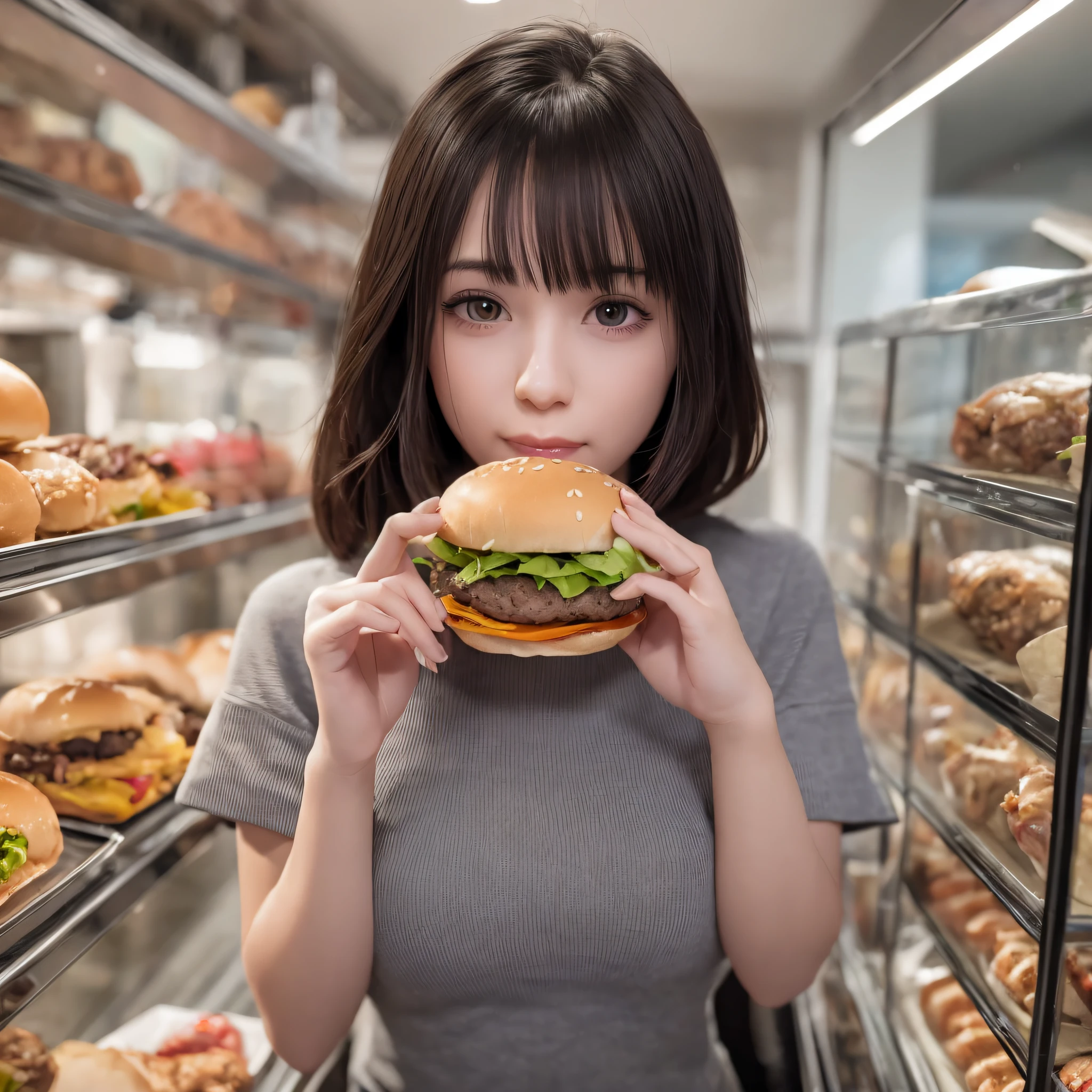 arafed girl holding a hamburger in front of a shelf of hamburgers, super realistic food picture, realistic anime 3 d style, eating burgers, realistic anime artstyle, realistic art style, anime food, girl in real life, realistic, serving burgers, realistic young girl, eating a burger, photorealistic girl ,