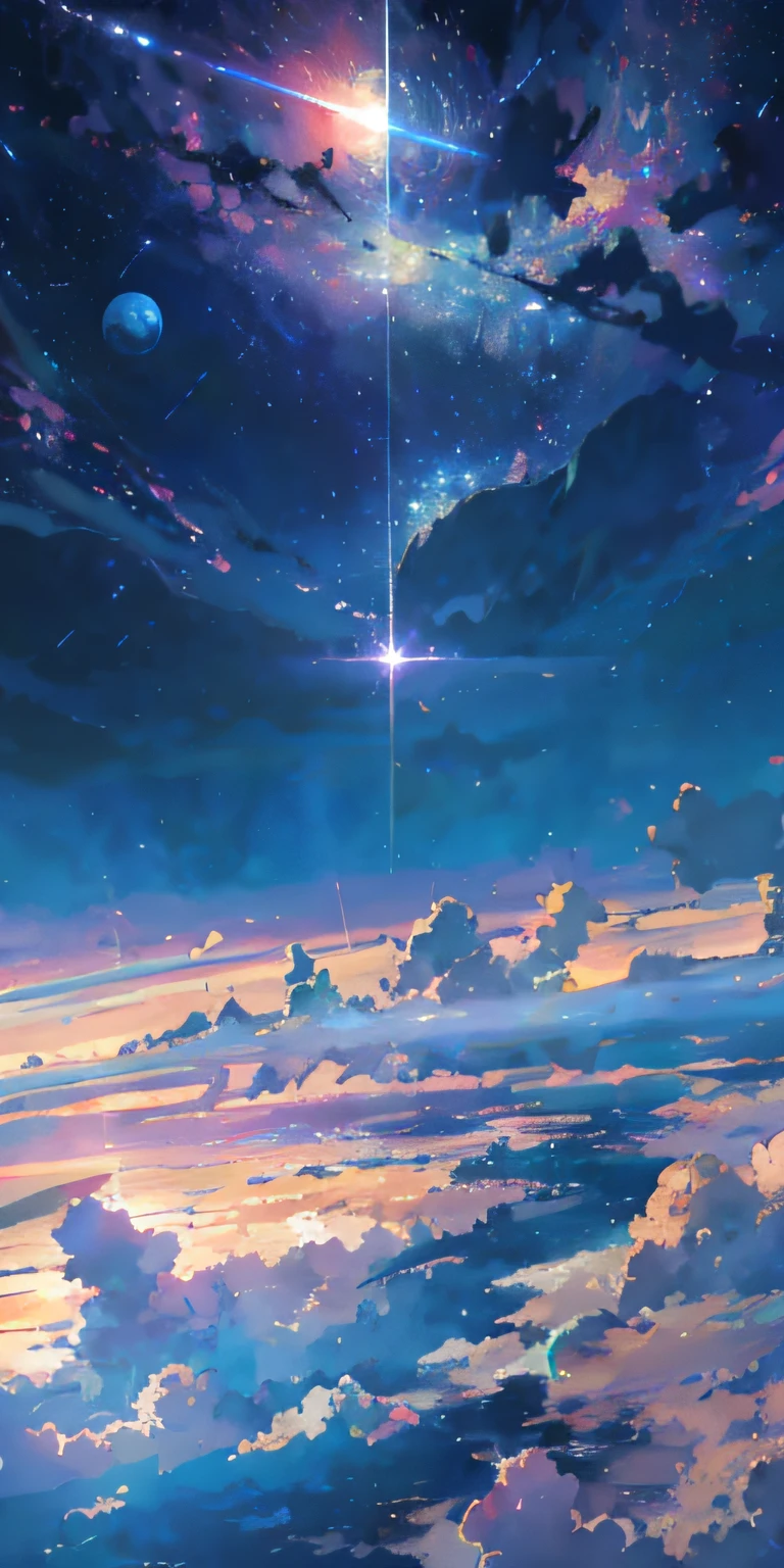 anime - style scene of a beautiful sky with a star and a planet, cosmic skies. by makoto shinkai, anime art wallpaper 4k, anime art wallpaper 4 k, anime art wallpaper 8 k, anime wallpaper 4k, anime wallpaper 4 k, 4k anime wallpaper, anime sky, amazing wallpaper, anime background, heaven planet in background, anime background art