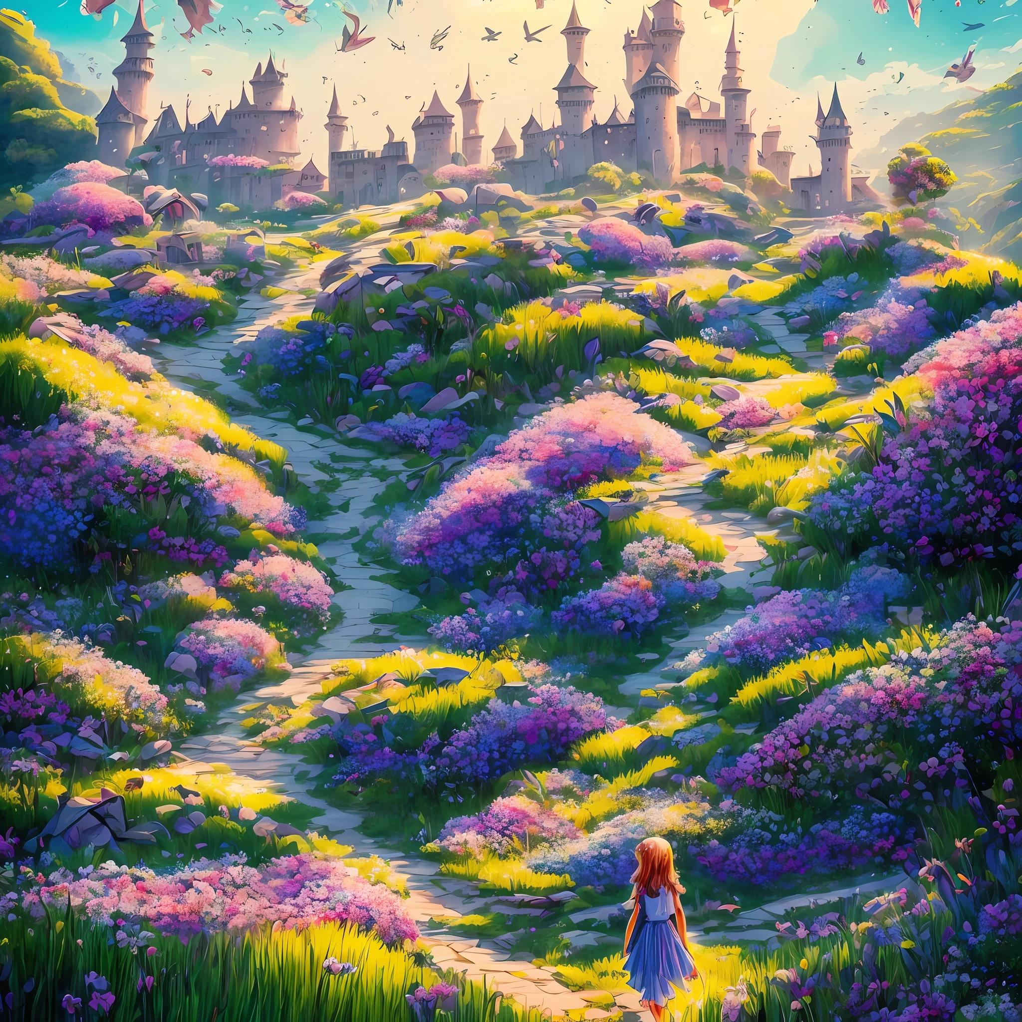 As Lily steps into this fantastical world, she is greeted by vibrant landscapes, teeming with vibrant colors and sparkling with ethereal beauty. From lush meadows adorned with blooming flowers to towering castles that touch the sky, every corner of this realm is a visual feast that will leave you breathless. --auto