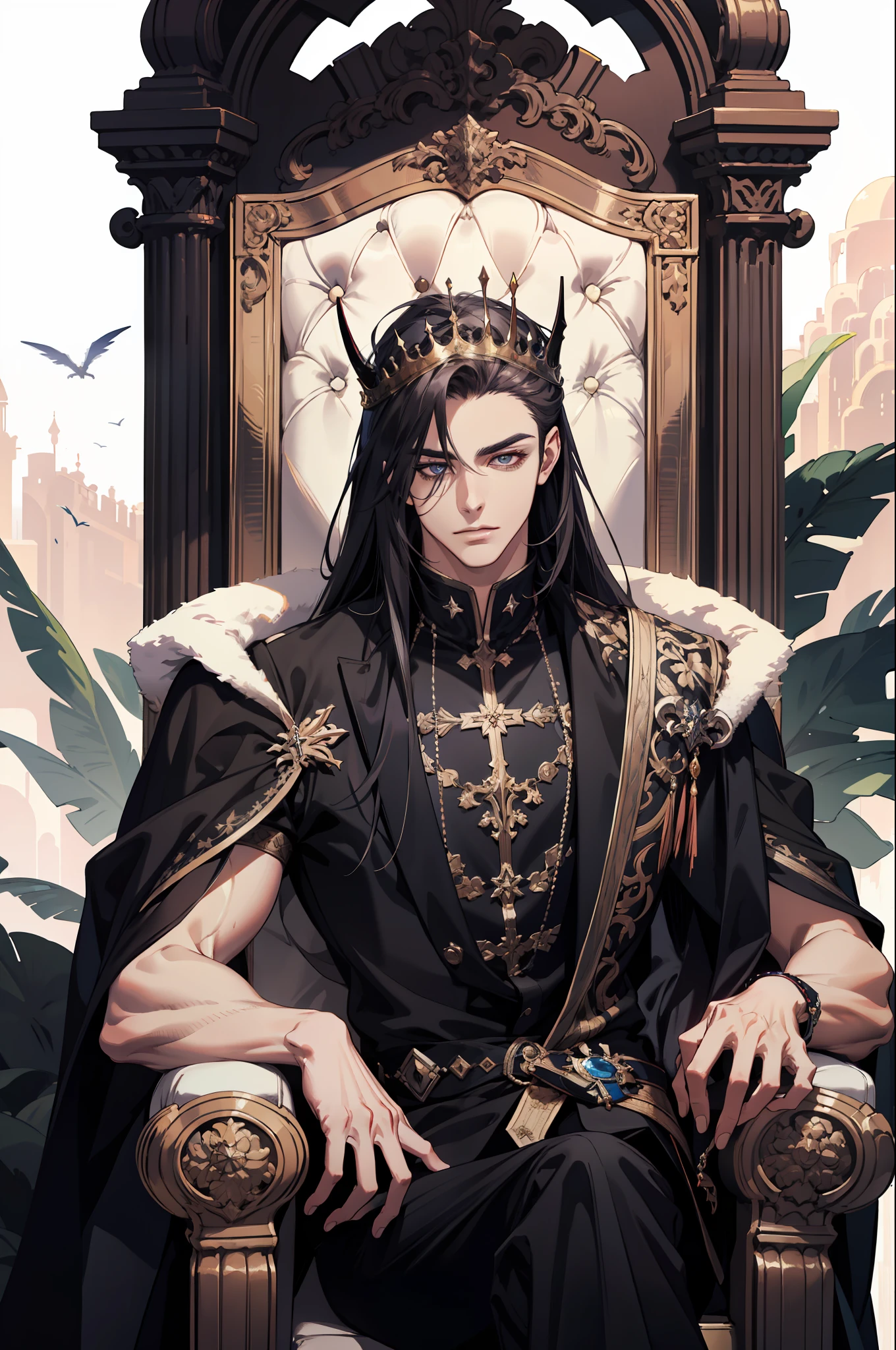 (absurdres, highres, ultra detailed), 1 male, adult, handsome, tall muscular guy, broad shoulders, finely detailed eyes and detailed face, long hair, fantasy, magnificent fantasy background, throne, demon king,magic effect, flame